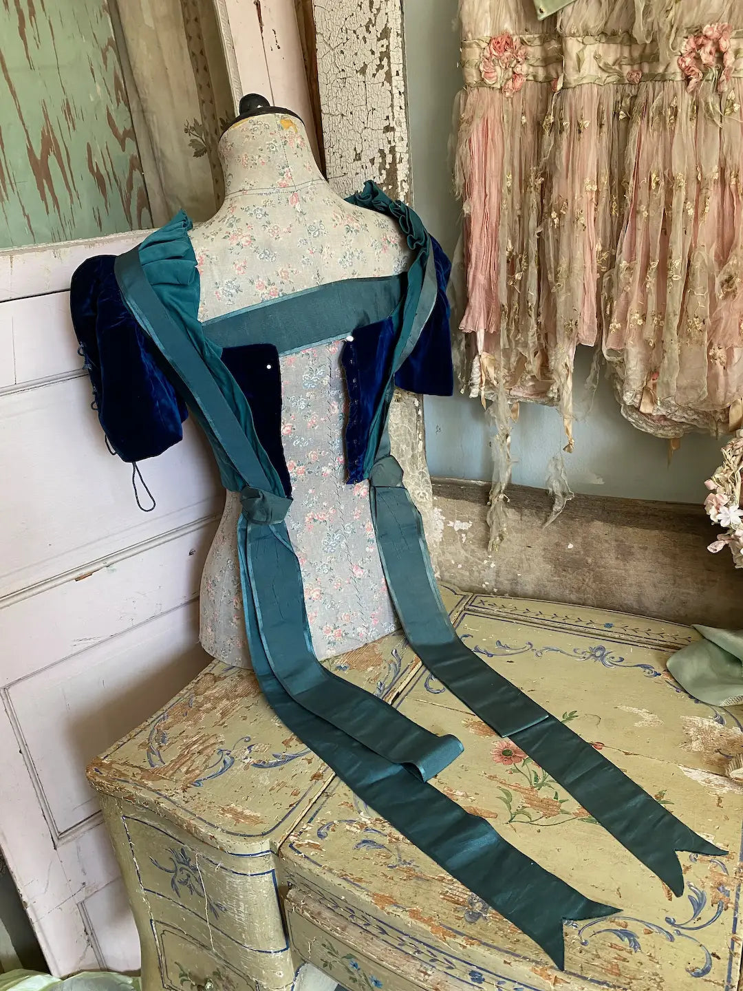 Antique French Bodice Silk Velvet Blue Corset Lace Sleeves