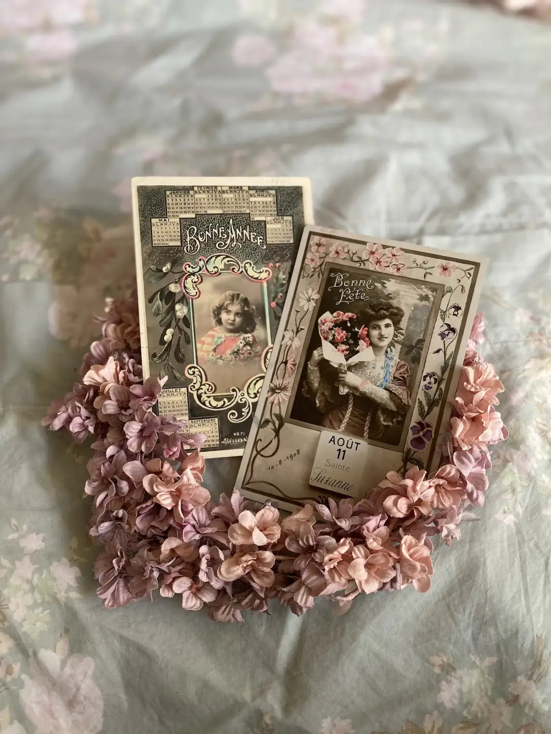 Pair Antique French Postcard Calendar Style Woman Bouquet