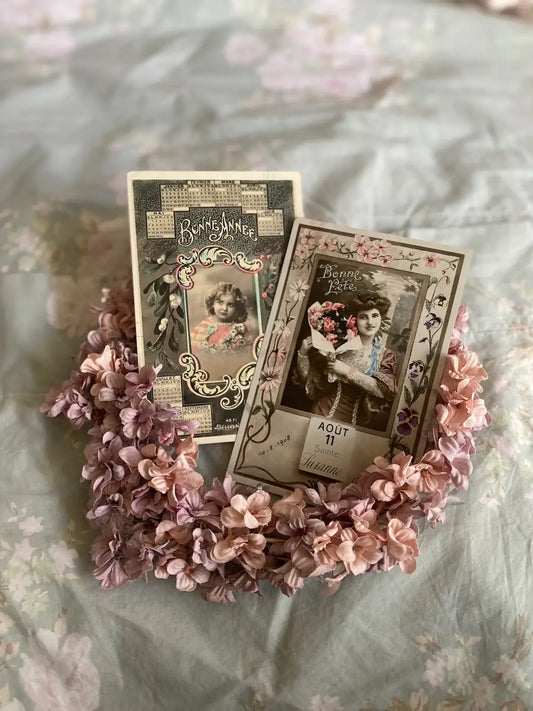 Pair Antique French Postcard Calendar Style Woman Bouquet