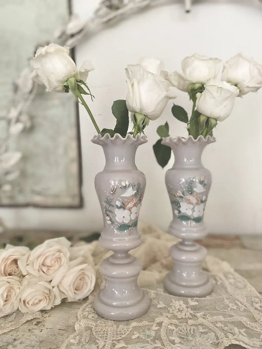 Pair Antique Victorian Vase Ruffled Opaline
