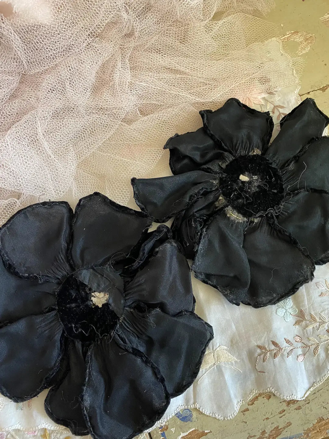Pair GIANT Antique 1920s Flapper Black Velvet Millinery Flowers