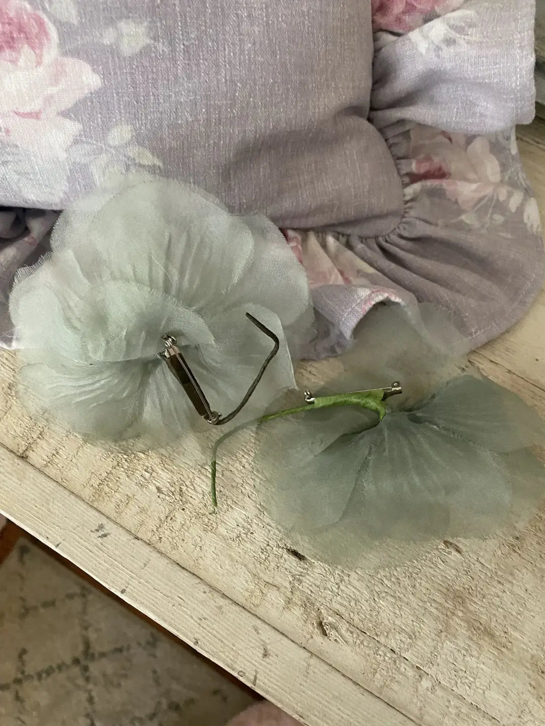 Pair Vintage Dusty Teal Blue Millinery Flowers Rose