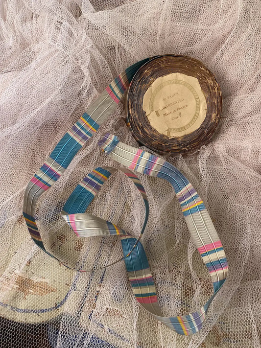 RARE Roll Antique French Ribbon Silk Stripe Blue Pink
