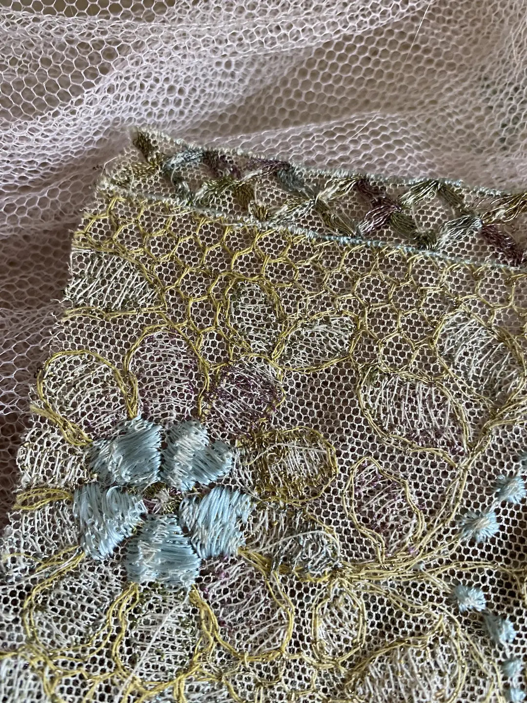 Antique French Lace Gold Metallic Blue Pink Silk Trim