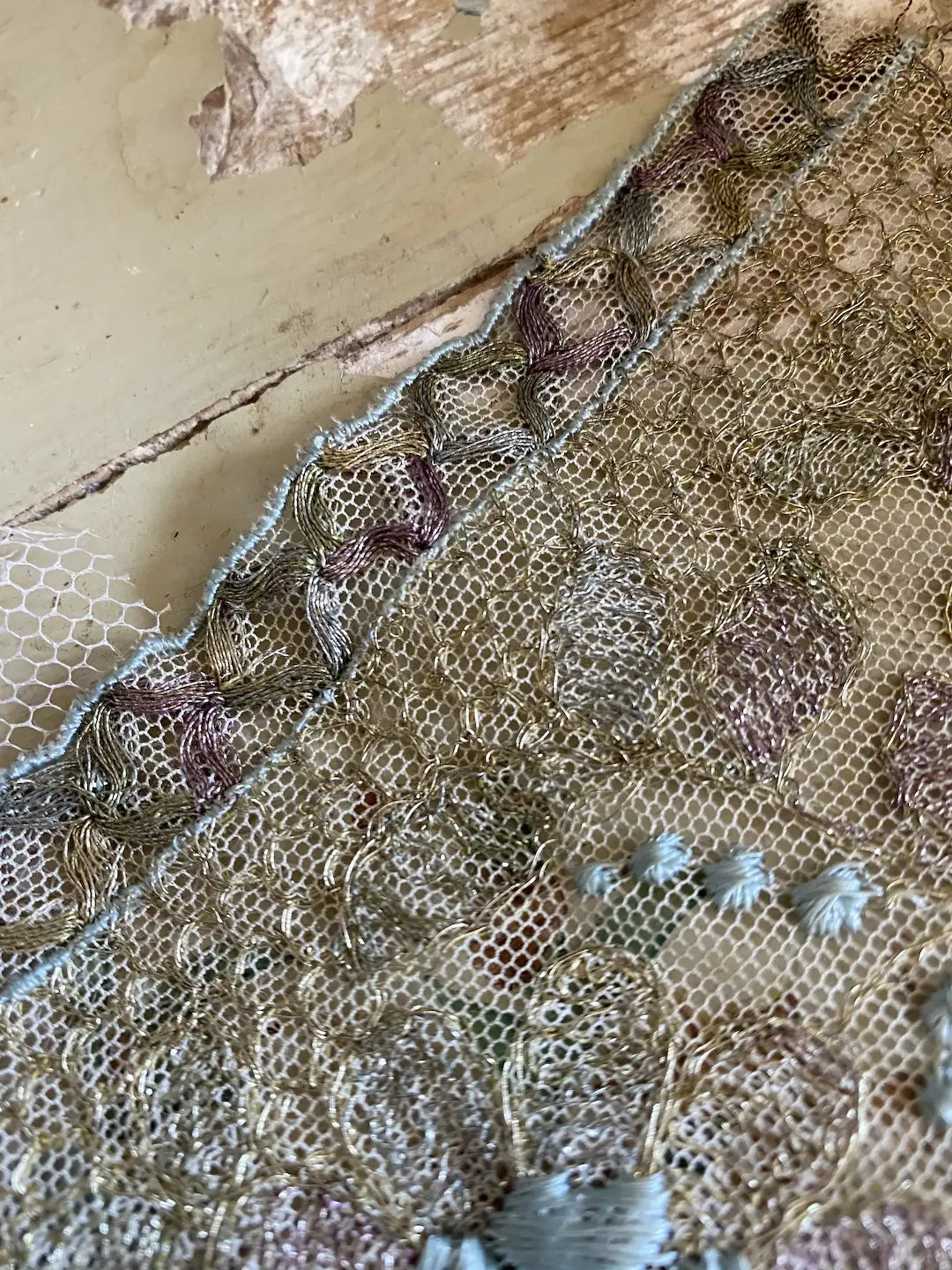 Antique French Lace Gold Metallic Blue Pink Silk Trim