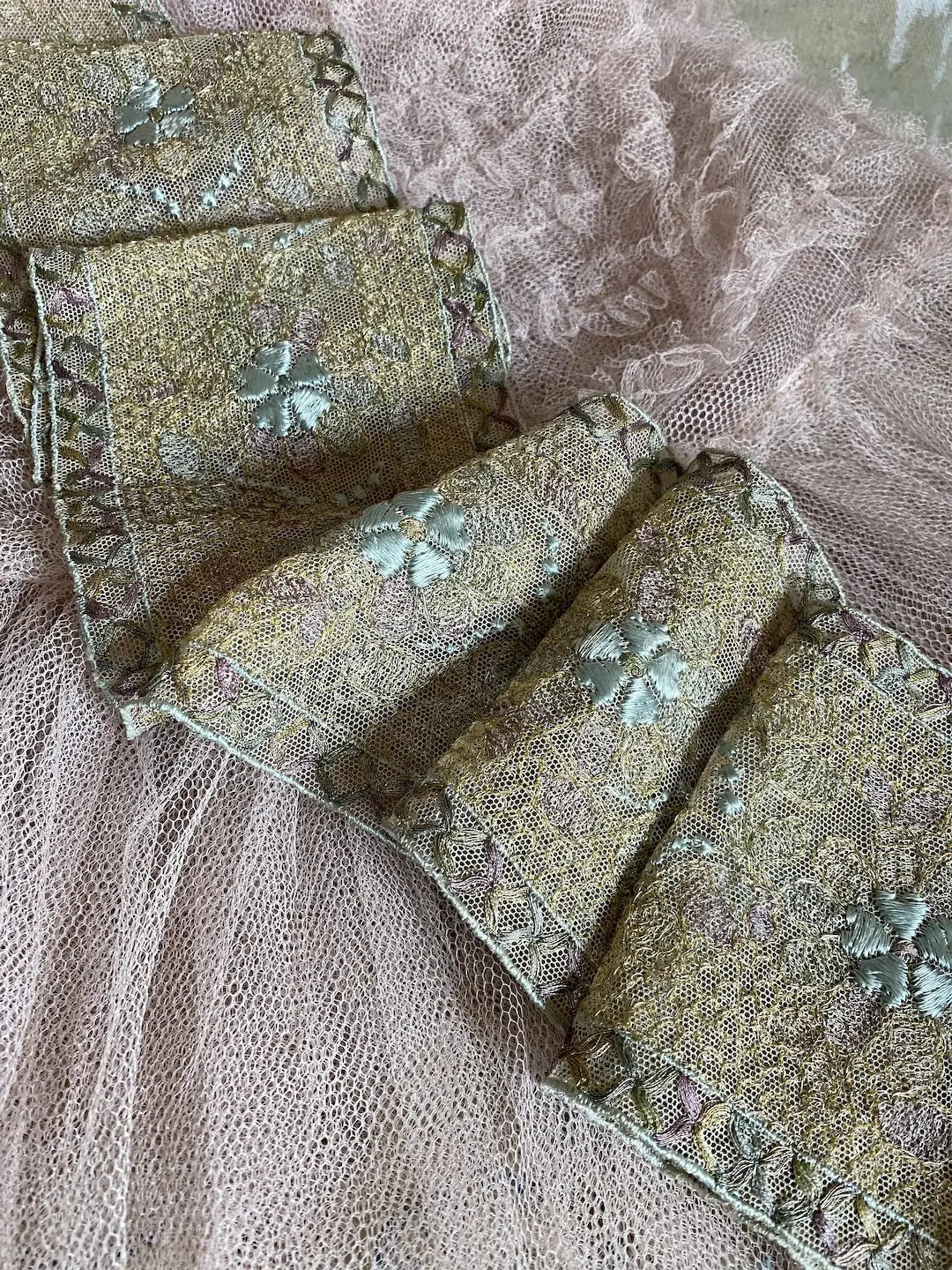 Antique French Lace Gold Metallic Blue Pink Silk Trim