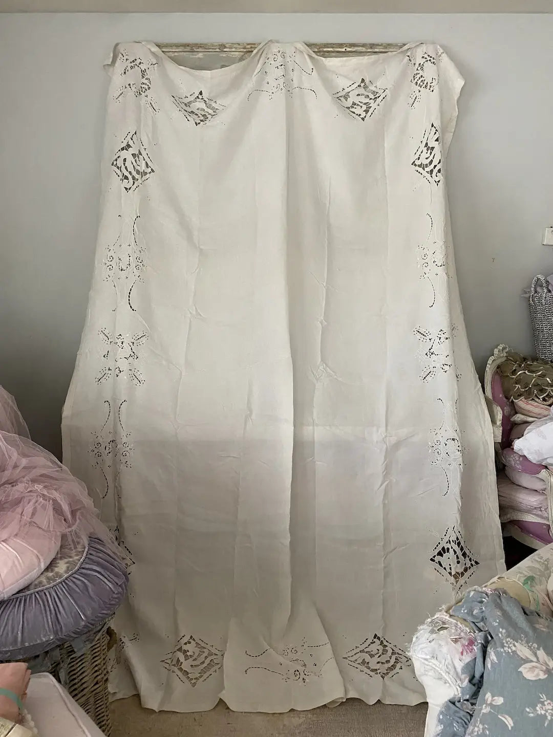 Antique Lace Embroidered Figural Stag Deer Dog Linen Banquet Tablecloth