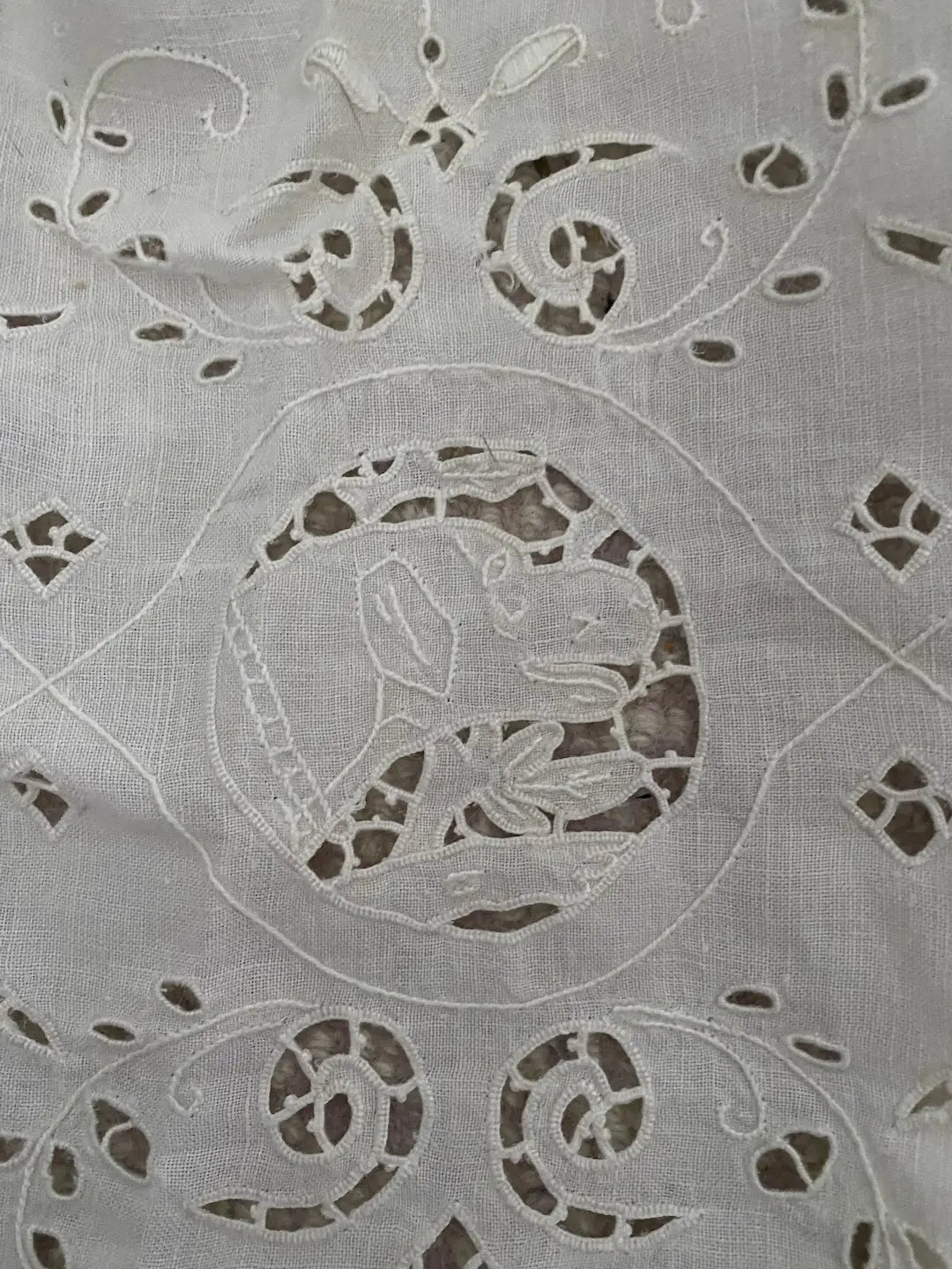 Antique Lace Embroidered Figural Stag Deer Dog Linen Banquet Tablecloth