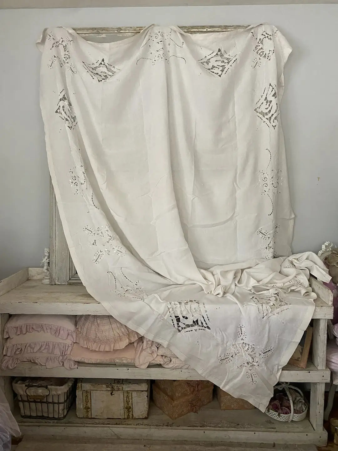 Antique Lace Embroidered Figural Stag Deer Dog Linen Banquet Tablecloth