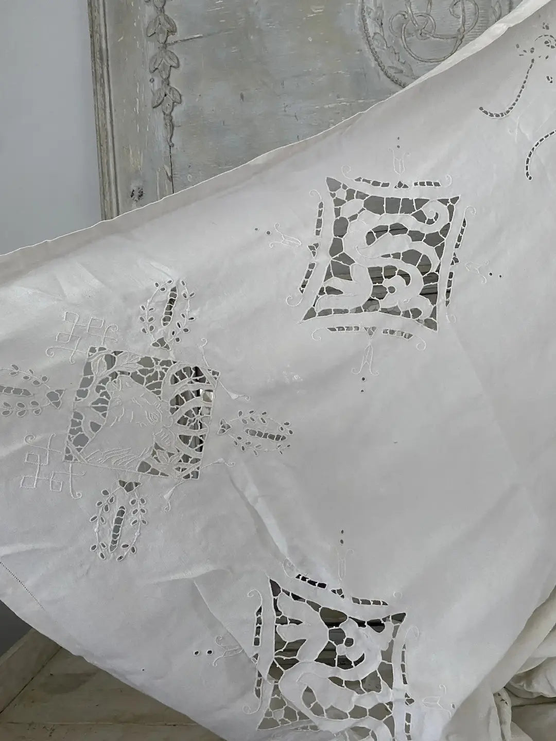 Antique Lace Embroidered Figural Stag Deer Dog Linen Banquet Tablecloth