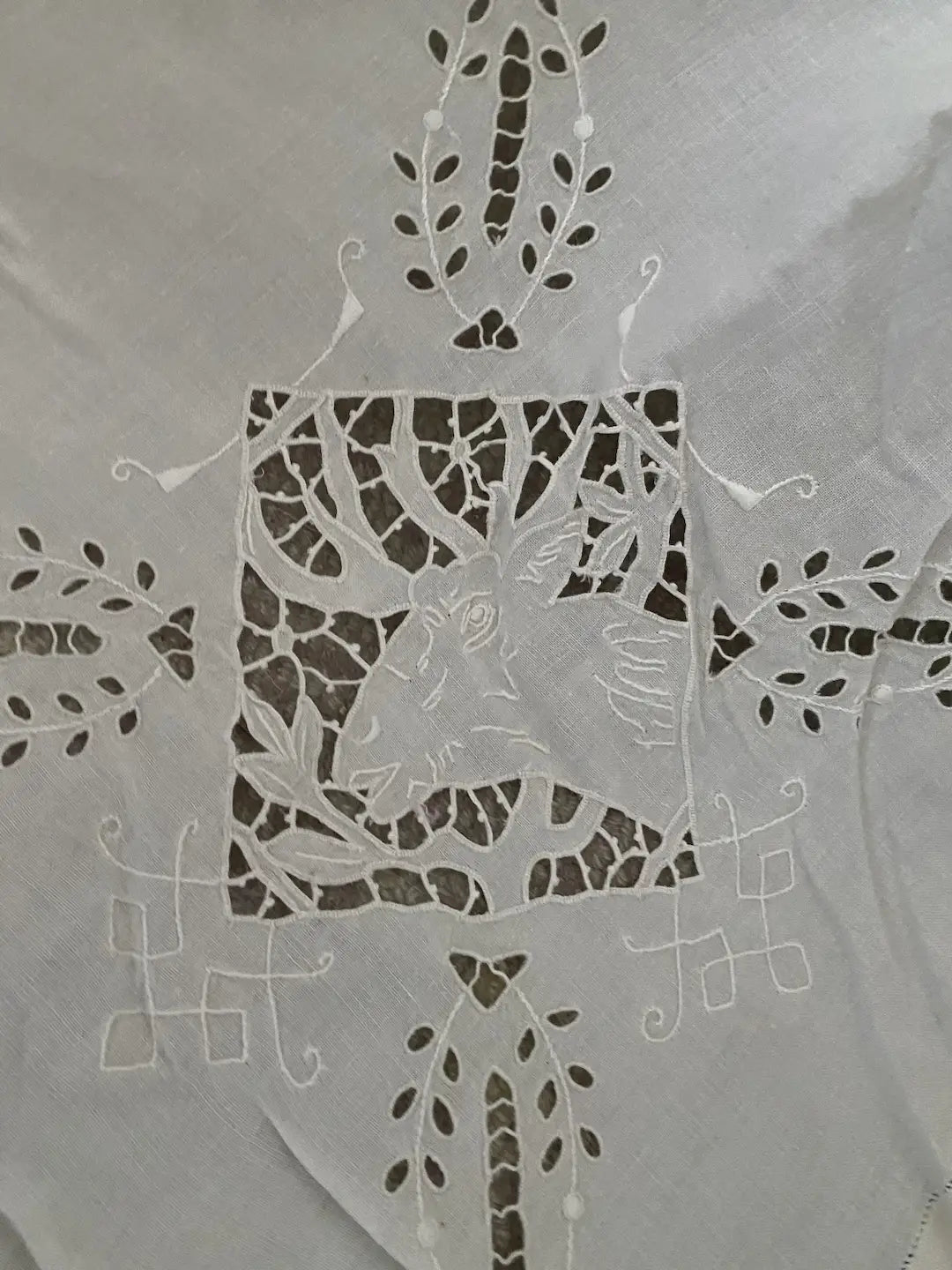 Antique Lace Embroidered Figural Stag Deer Dog Linen Banquet Tablecloth