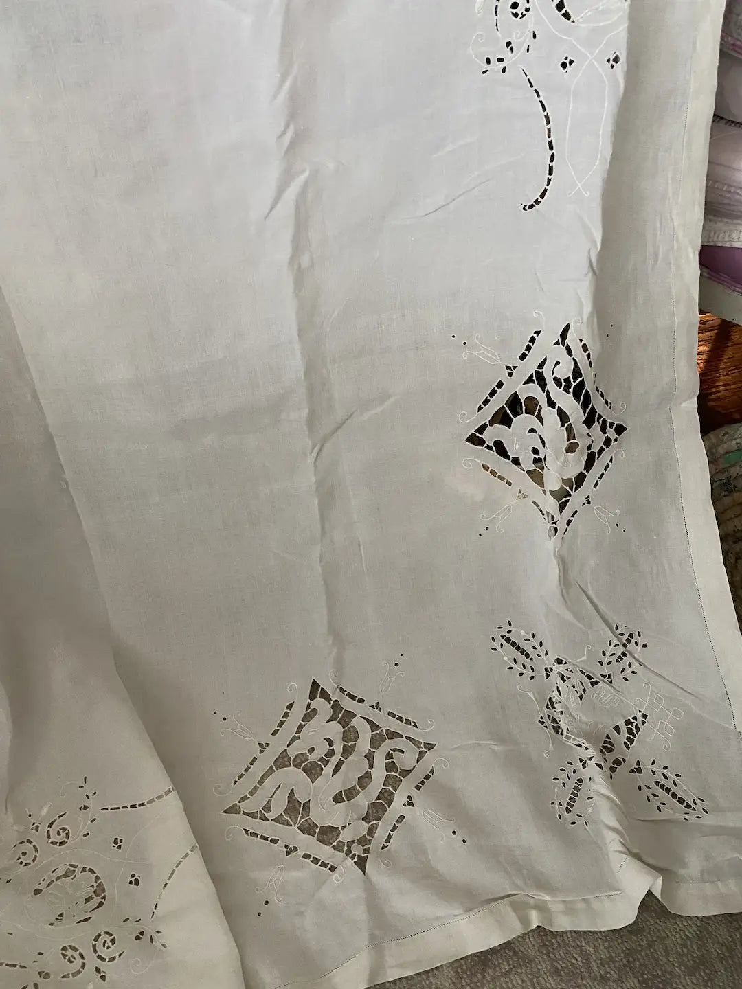 Antique Lace Embroidered Figural Stag Deer Dog Linen Banquet Tablecloth