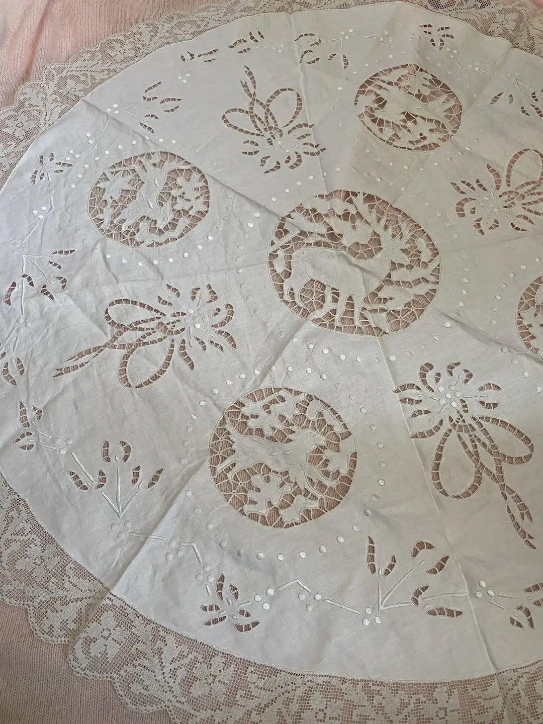 Antique Tablecloth Lace Embroidered Figural Deer Goat