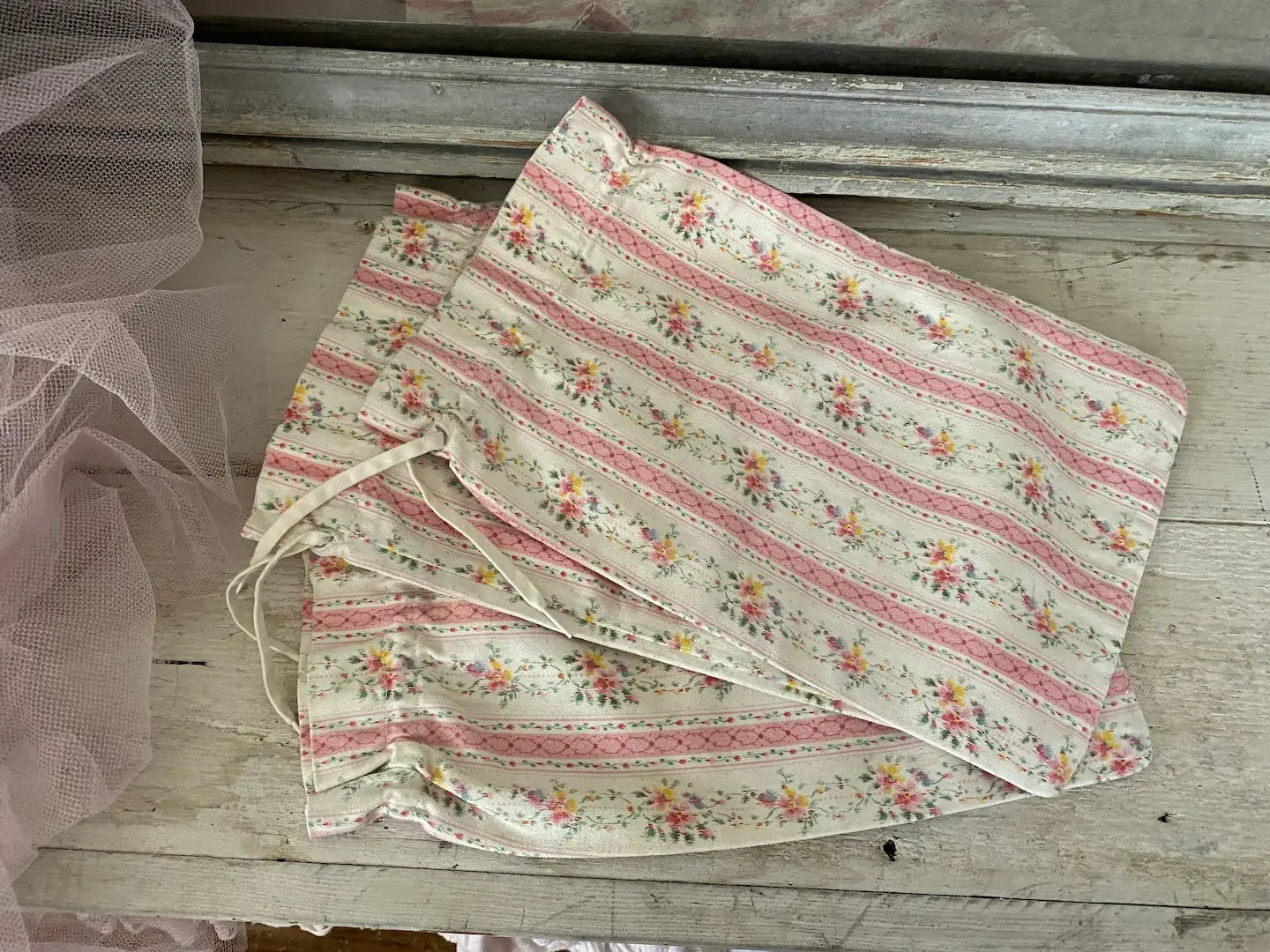 Set 3 Vintage French Pink Ticking Fabric Drawstring Bags