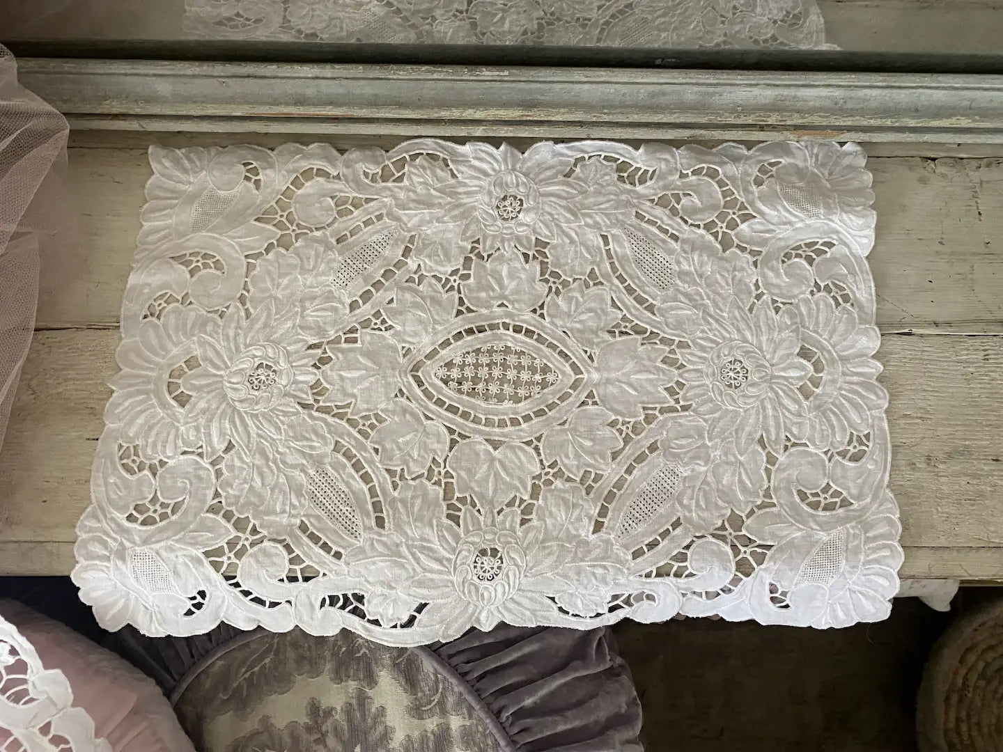 Set 4 Antique Floral Lace Embroidered White Linen Placemats