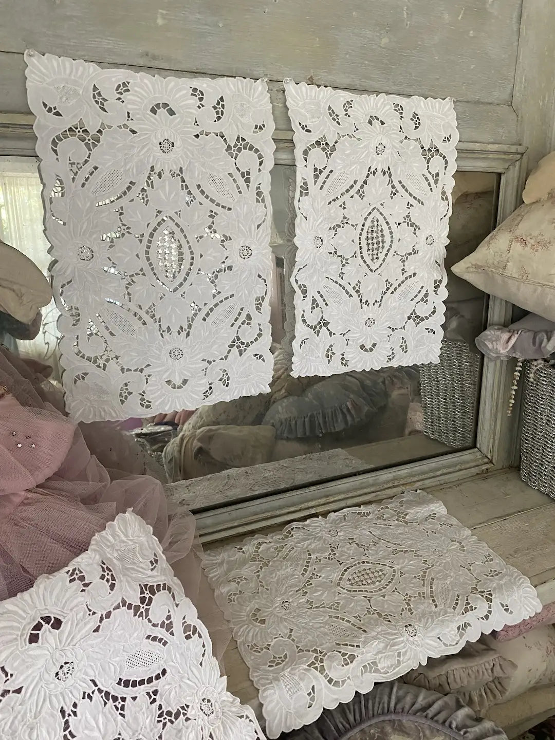 Set 4 Antique Floral Lace Embroidered White Linen Placemats
