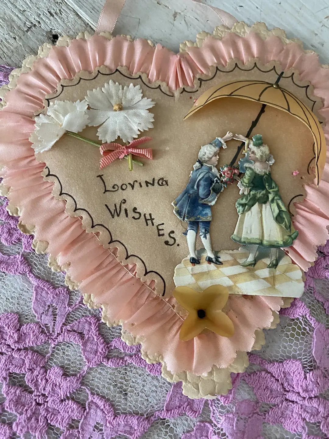 Antique Victorian Valentine Greeting Card Pink Fabric Millinery Flowers