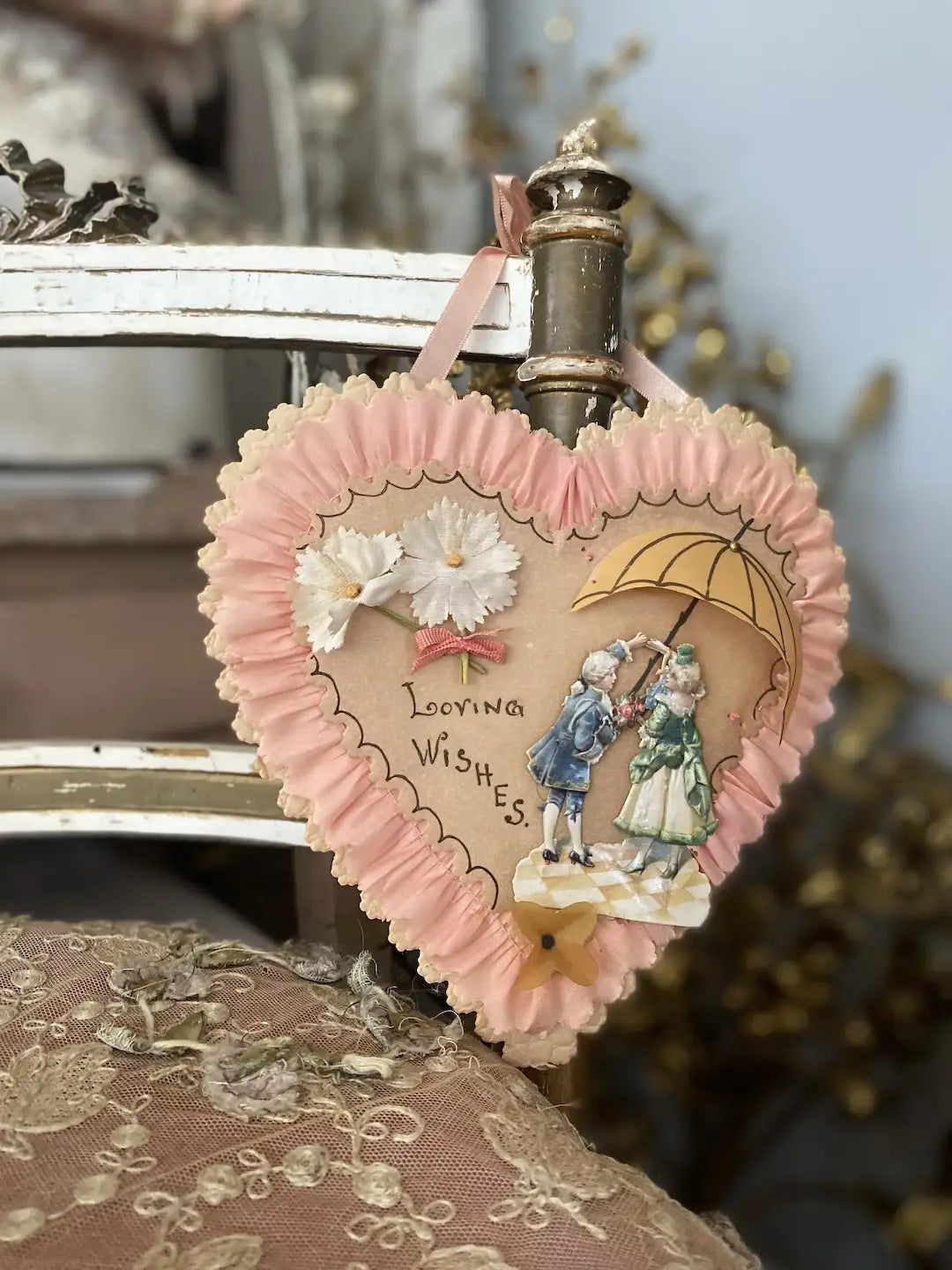 Antique Victorian Valentine Greeting Card Pink Fabric Millinery Flowers