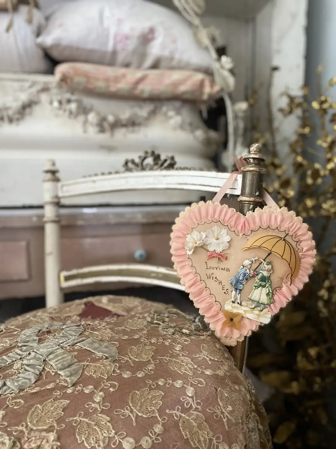 Antique Victorian Valentine Greeting Card Pink Fabric Millinery Flowers