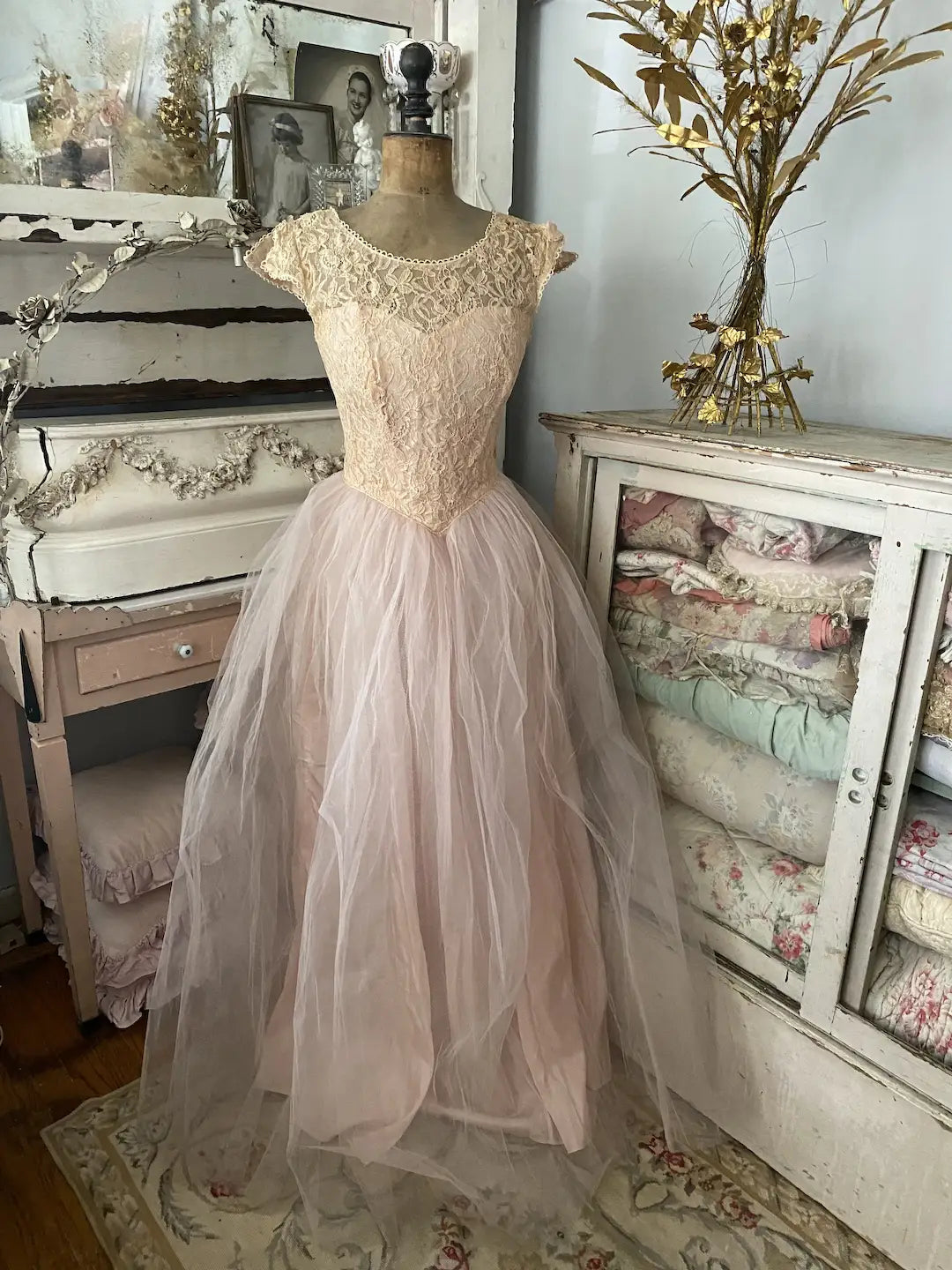 Vintage Prom Dress Pink Floral Lace
