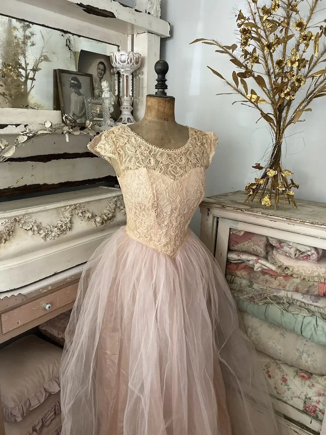 Vintage Prom Dress Pink Floral Lace