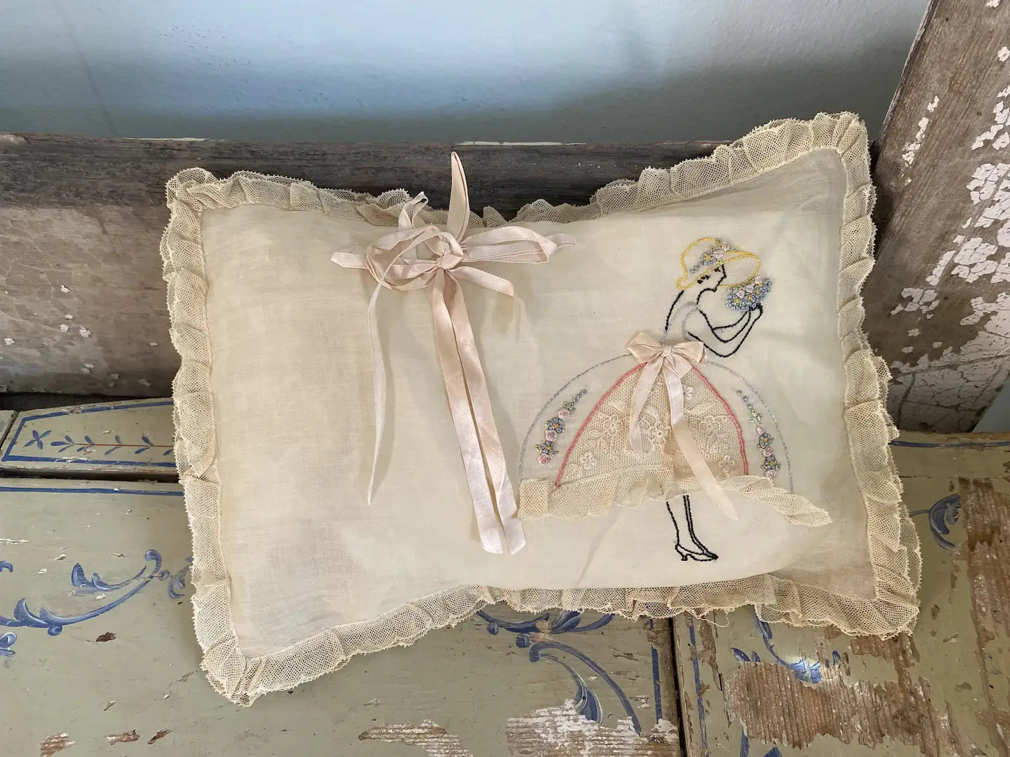 Vintage Boudoir Pillow Ruffled Lace Ribbonwork Bow