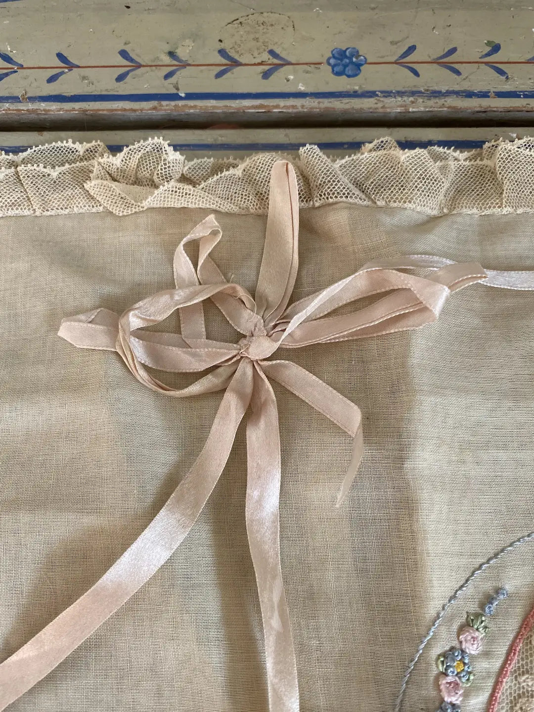 Vintage Boudoir Pillow Ruffled Lace Ribbonwork Bow