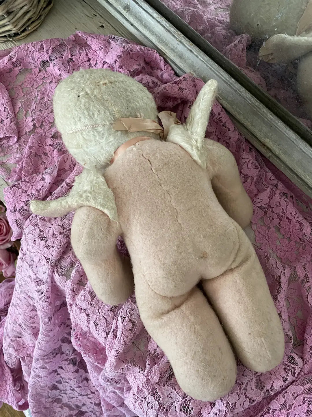 Vintage Plush Doll Pink Angel Wing Fur Flower Crown