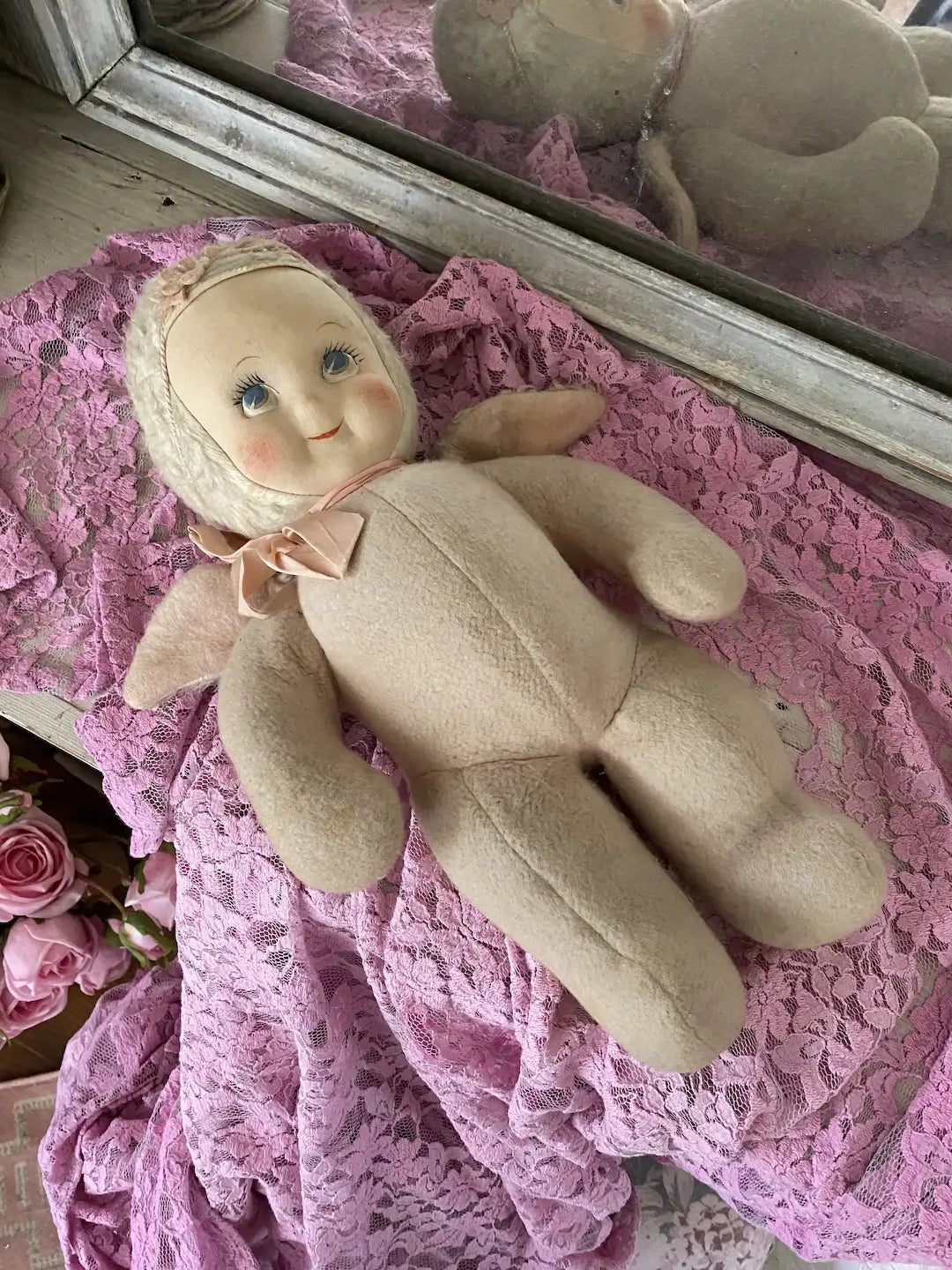 Vintage Plush Doll Pink Angel Wing Fur Flower Crown