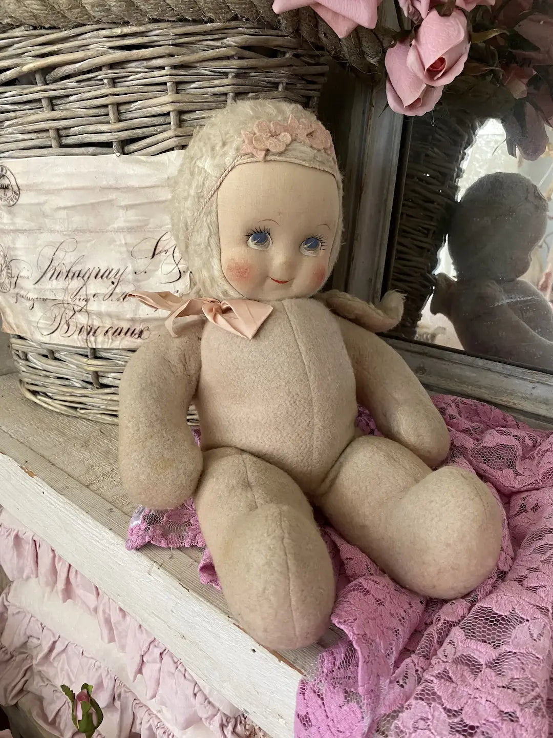 Vintage Plush Doll Pink Angel Wing Fur Flower Crown