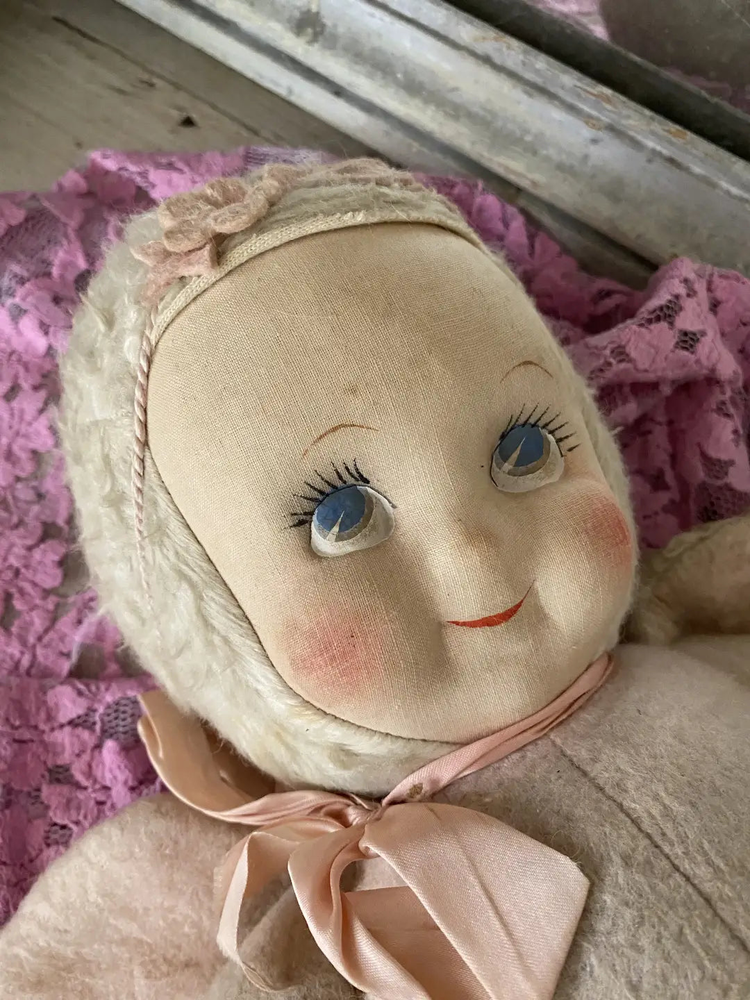 Vintage Plush Doll Pink Angel Wing Fur Flower Crown