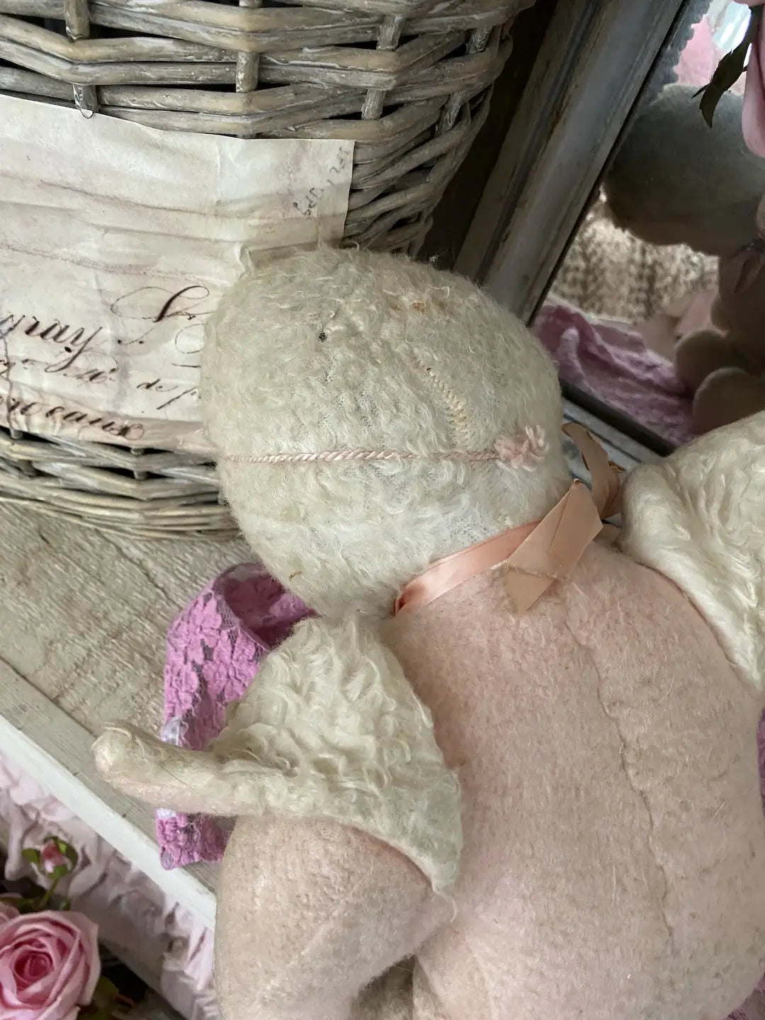 Vintage Plush Doll Pink Angel Wing Fur Flower Crown