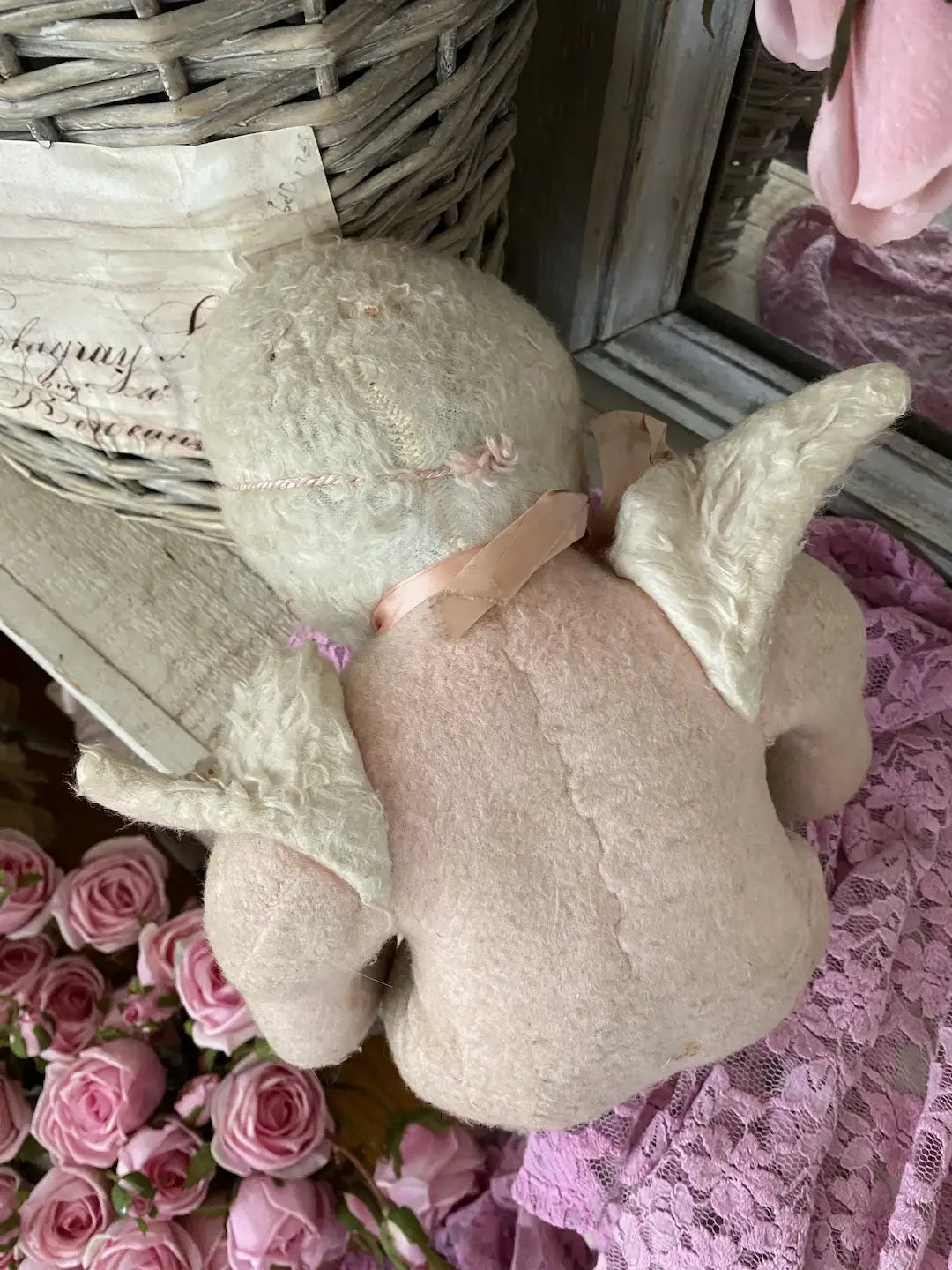 Vintage Plush Doll Pink Angel Wing Fur Flower Crown