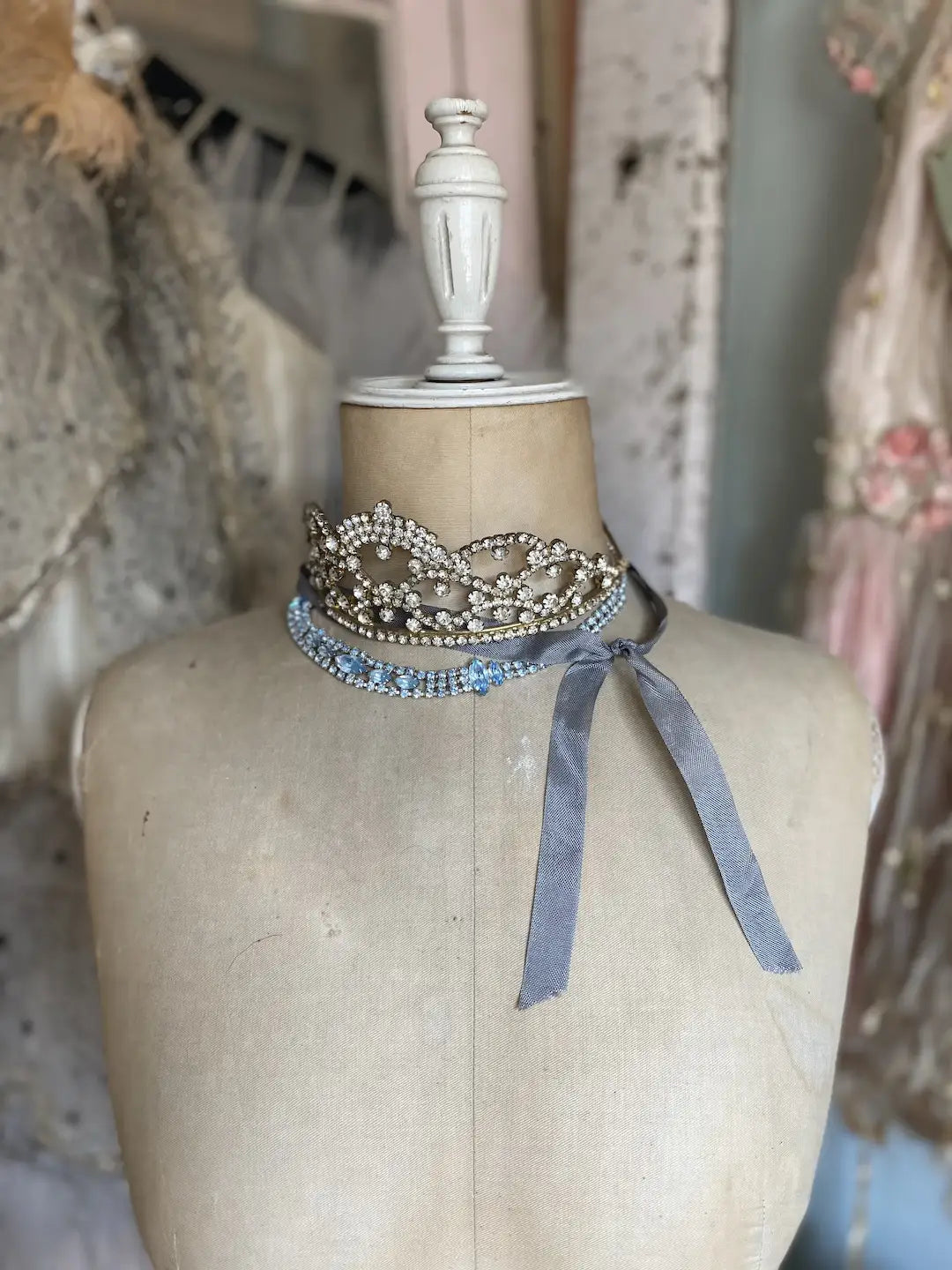 Vintage Paste Rhinestone Necklace Choker Pale Blue