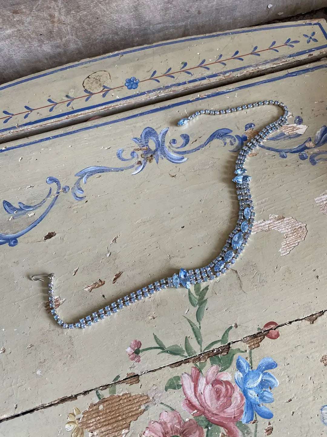 Vintage Paste Rhinestone Necklace Choker Pale Blue