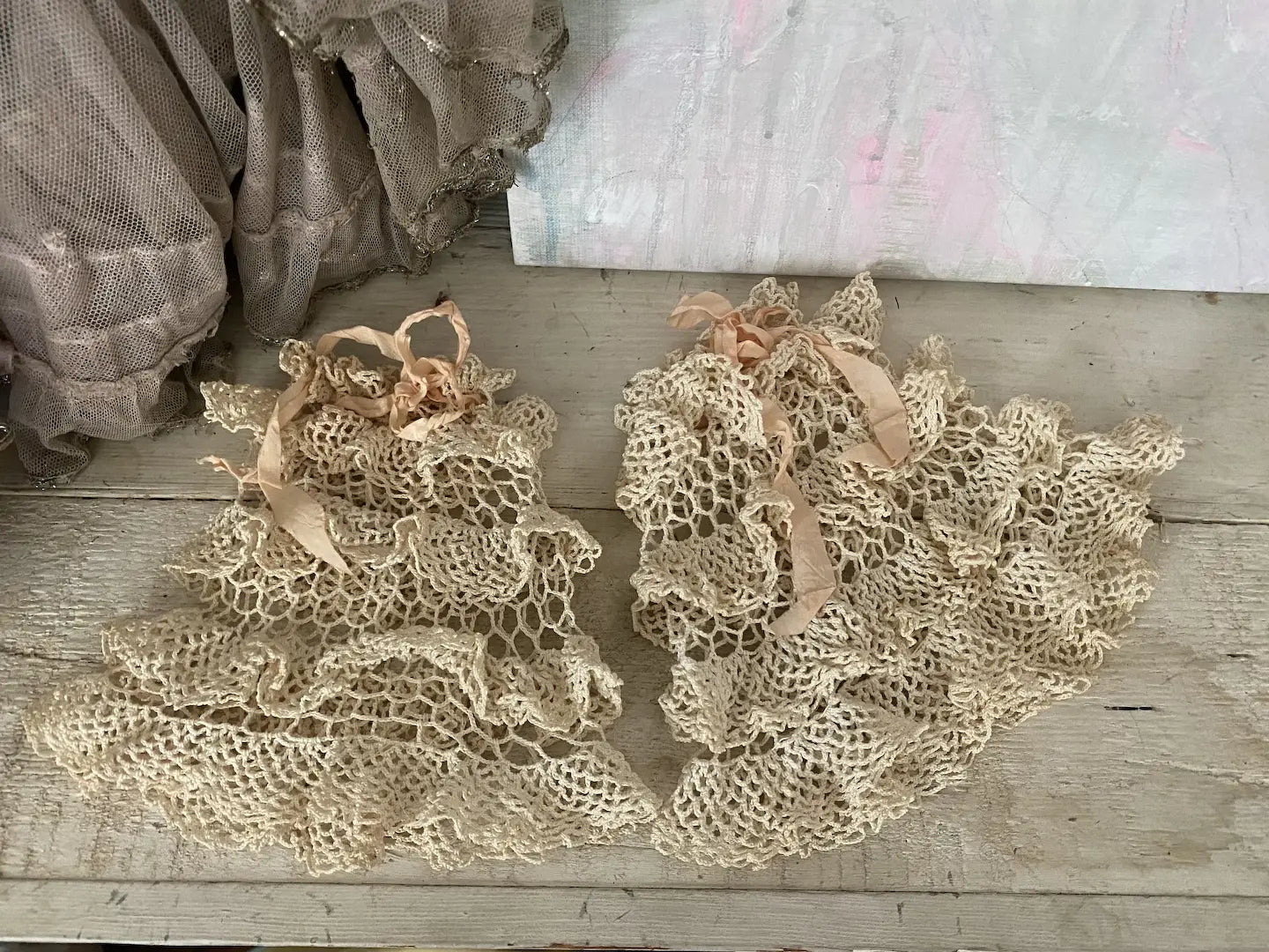 Vintage Pair Lace Ruffled Petite Boudoir Lampshade Covers