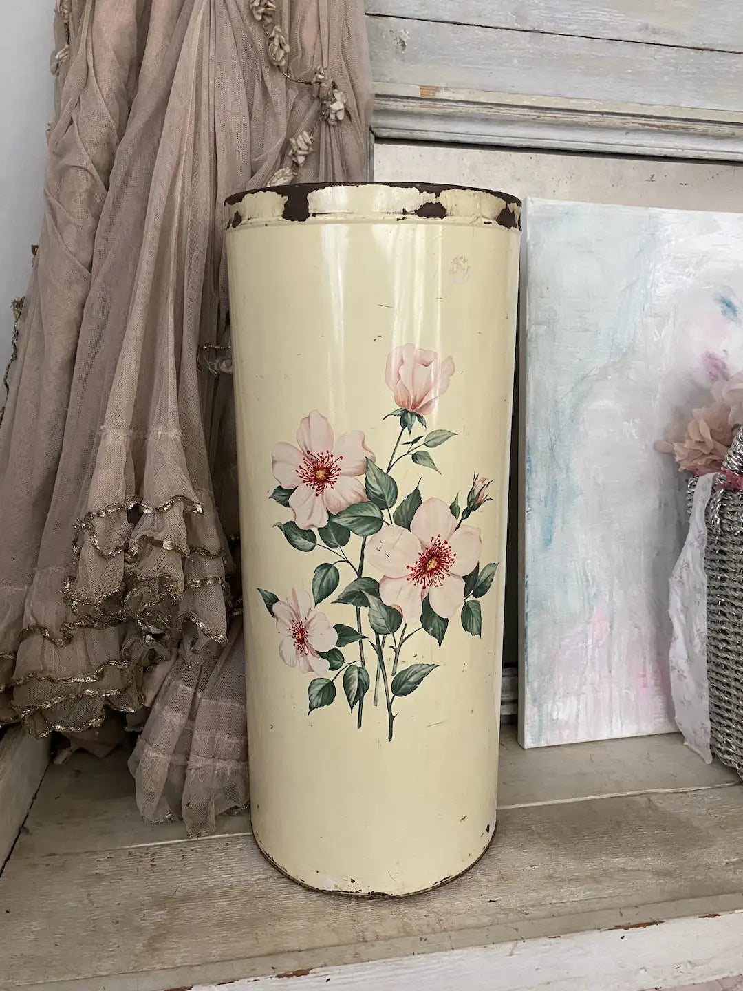 Vintage Shabby Chic Tole Floral Rose Bucket Bin XL Vase Hamper