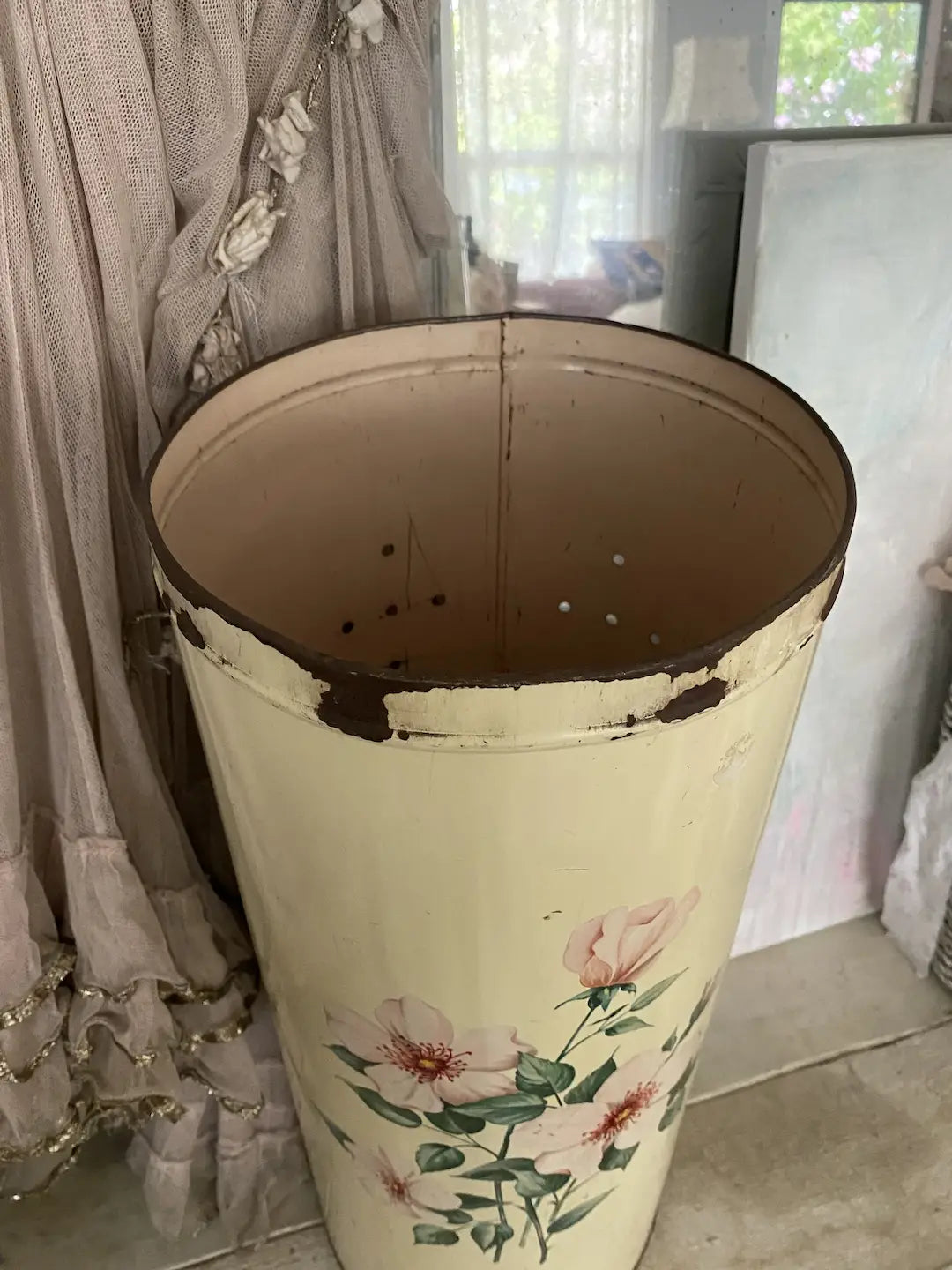 Vintage Shabby Chic Tole Floral Rose Bucket Bin XL Vase Hamper