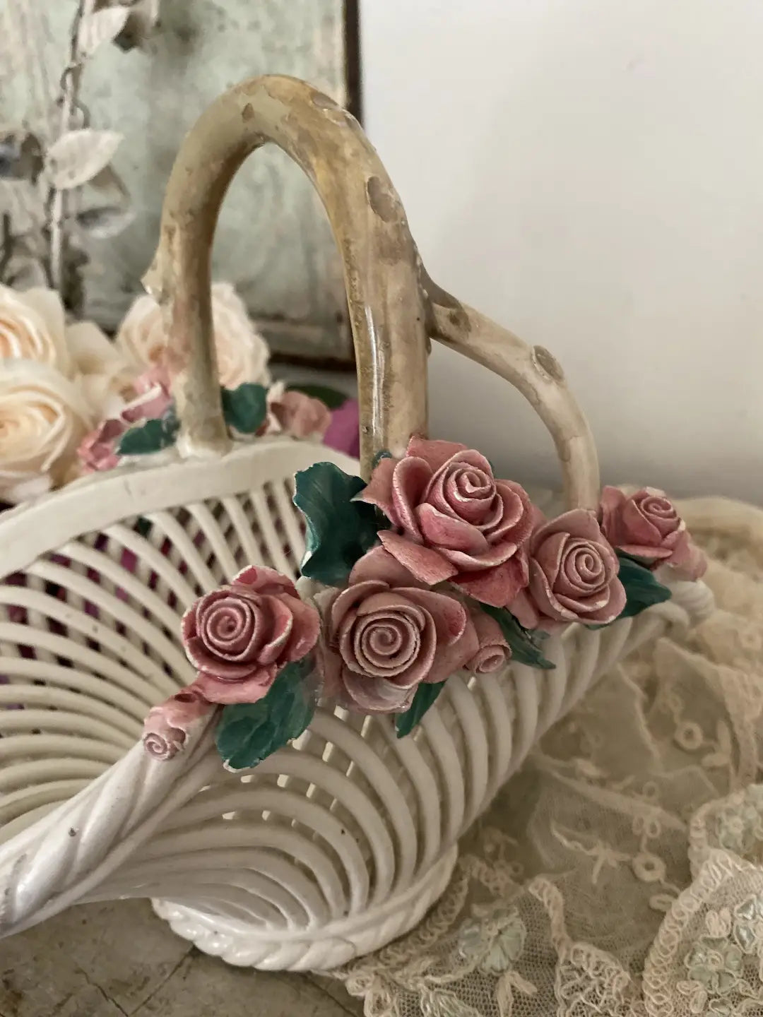 Vintage Woven Capodimonte Porcelain Flower Basket