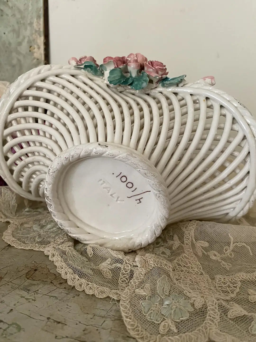 Vintage Woven Capodimonte Porcelain Flower Basket