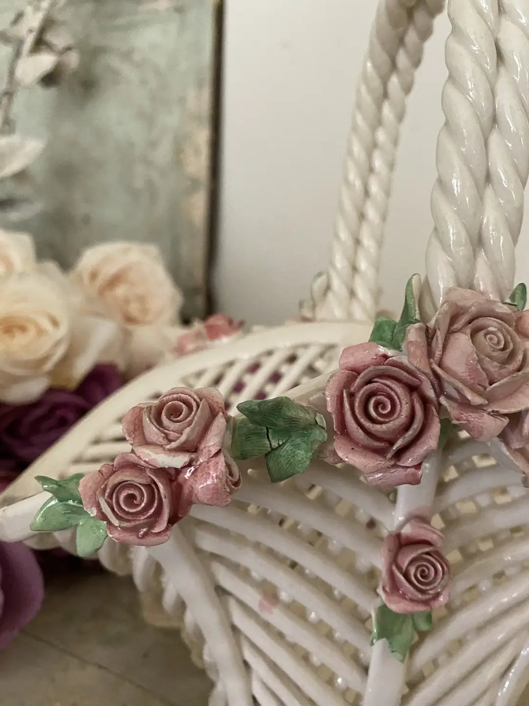 Vintage Woven Capodimonte Procelain Flower Basket