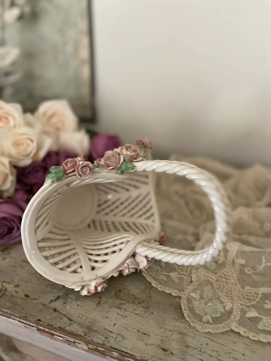 Vintage Woven Capodimonte Procelain Flower Basket
