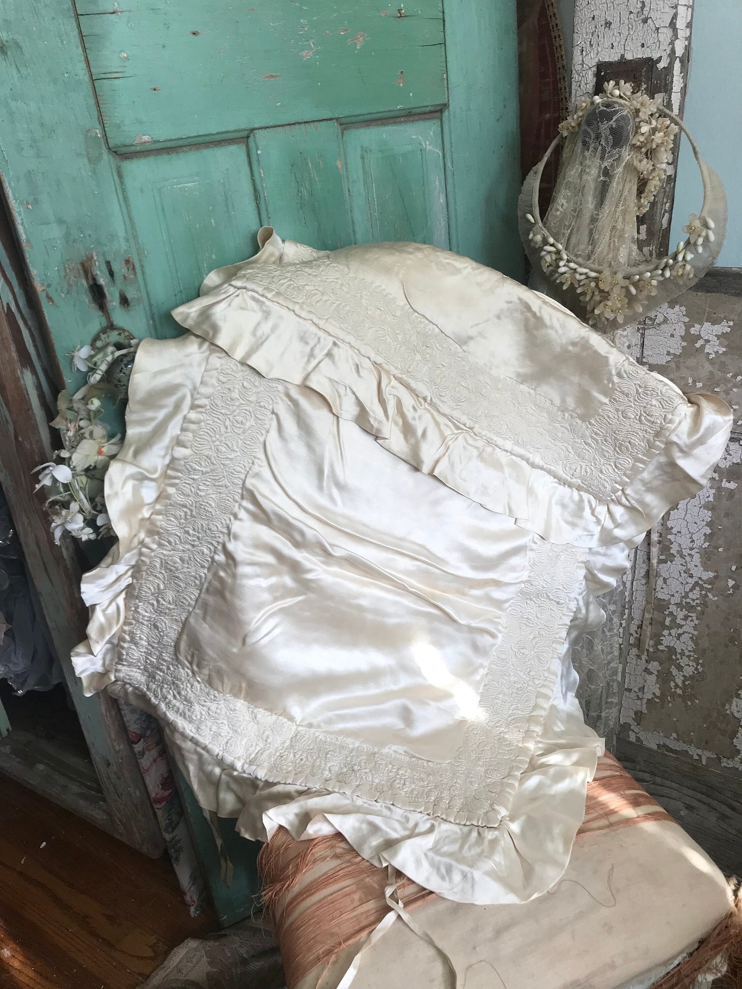 Antique Silk Baby Crib Christening Blanket