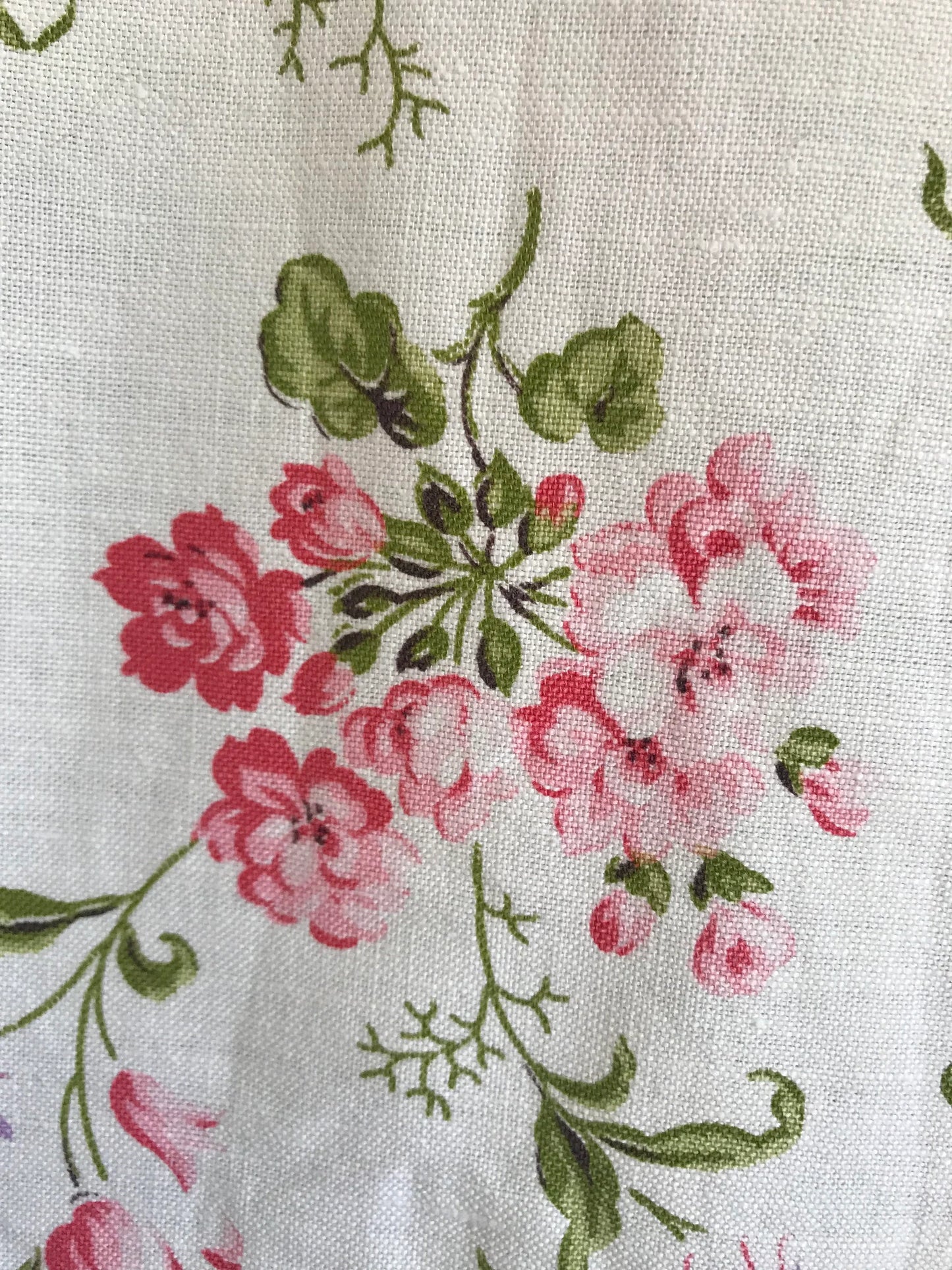 Vintage French Fabric White Pink Lavender Flowers