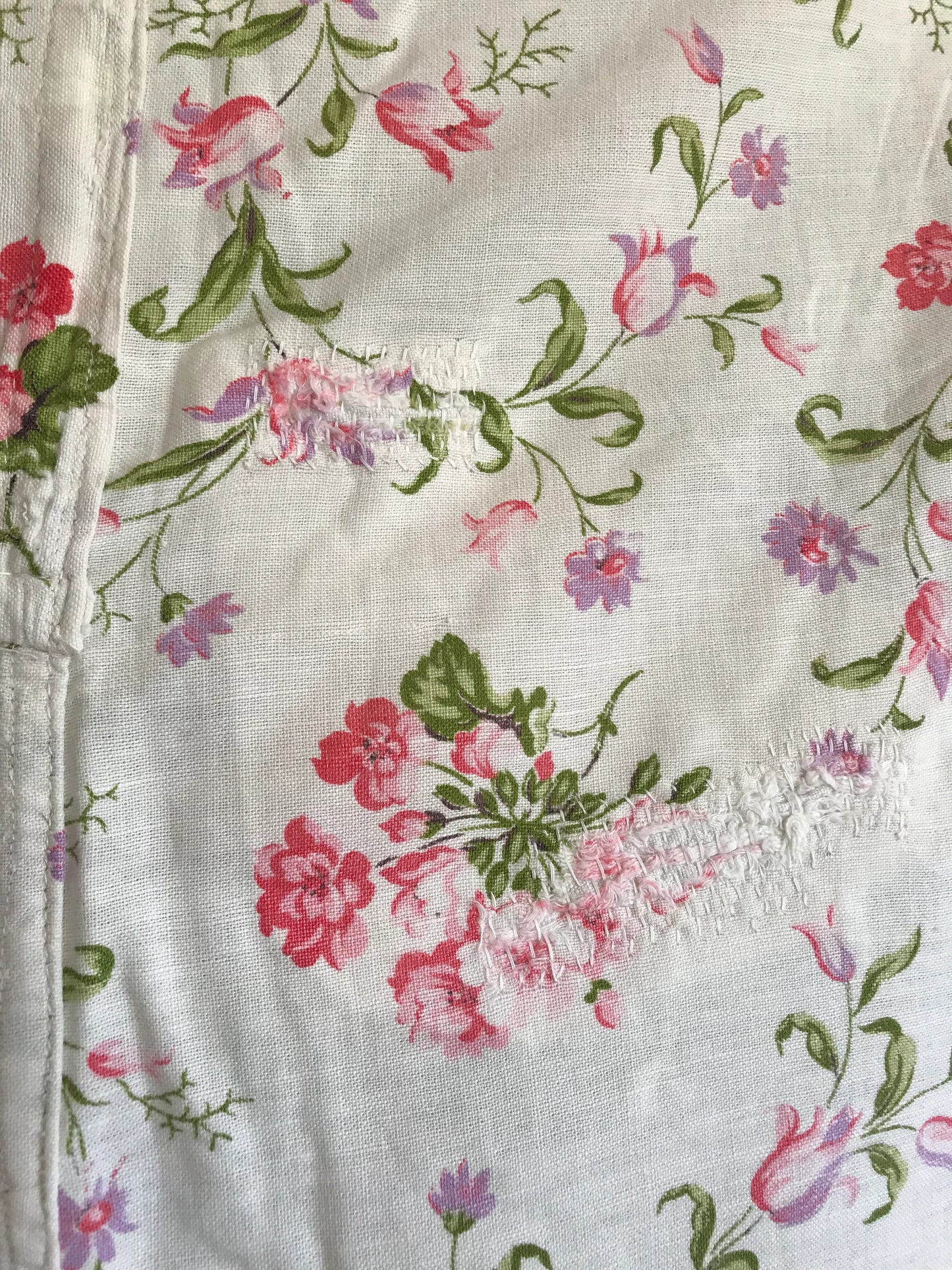 Vintage French Fabric White Pink Lavender Flowers