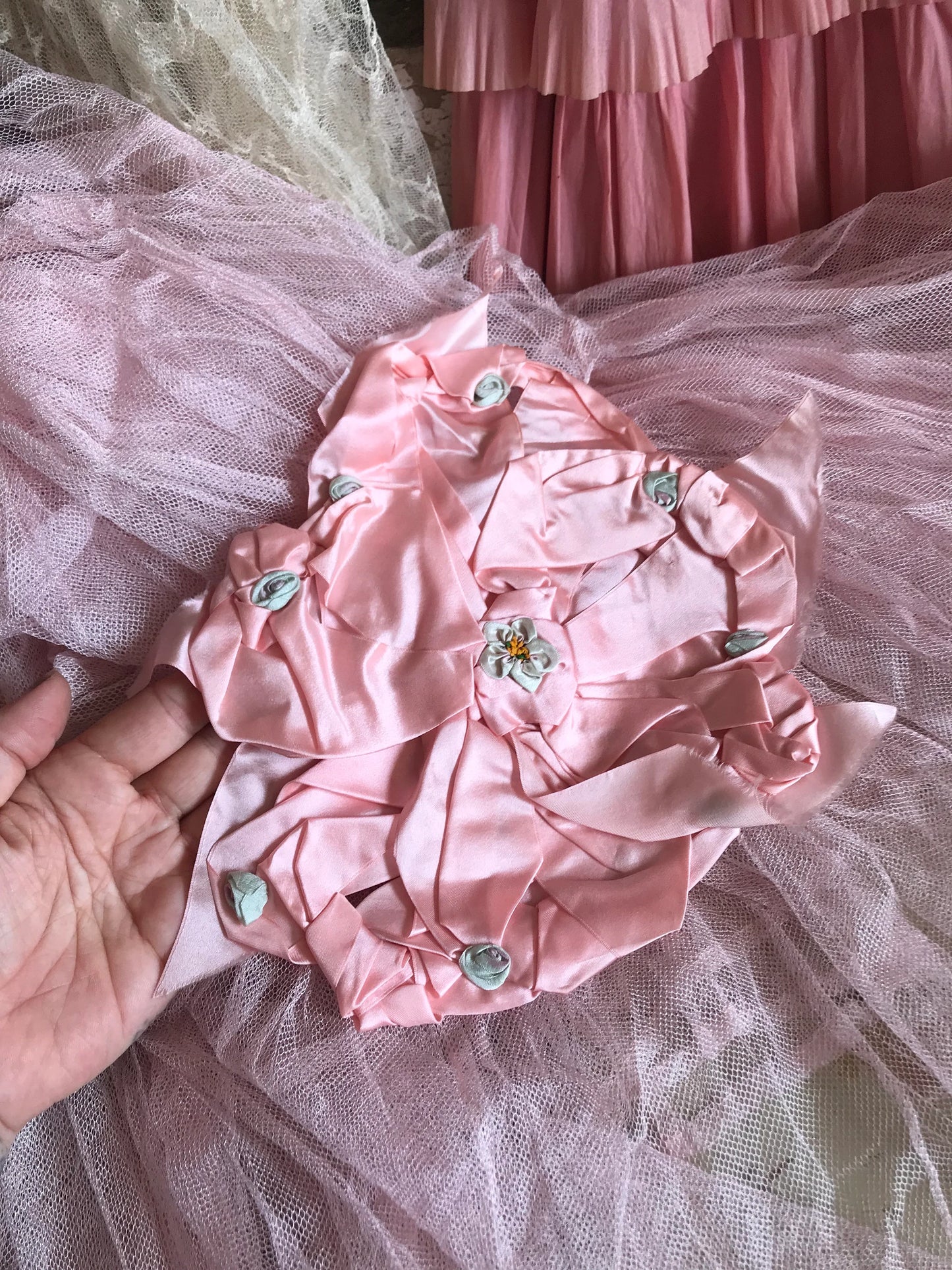 Antique XL Ribbonwork Applique Pink Silk