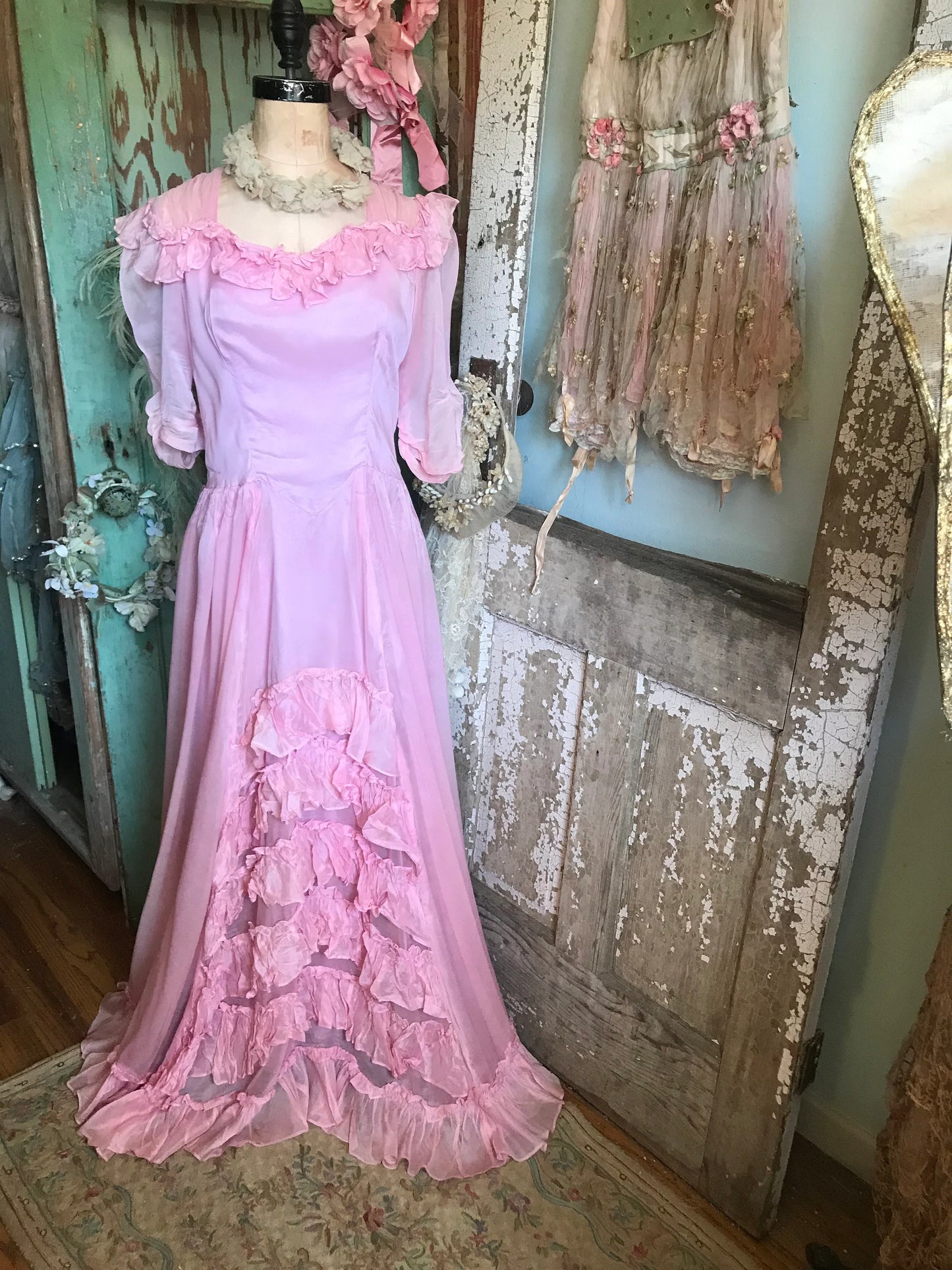 Vintage Pink Ruffled Prom Dress