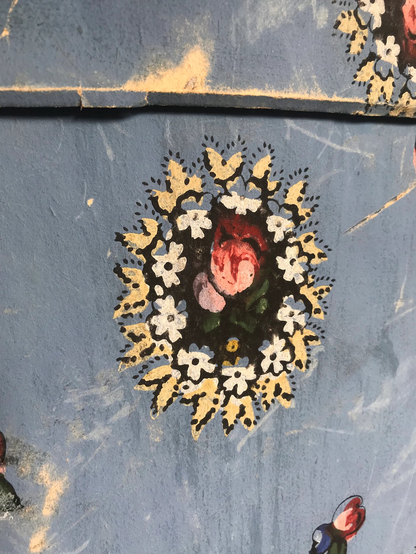 Antique Hat Box Faded Blue Hand Painted Wallpaper