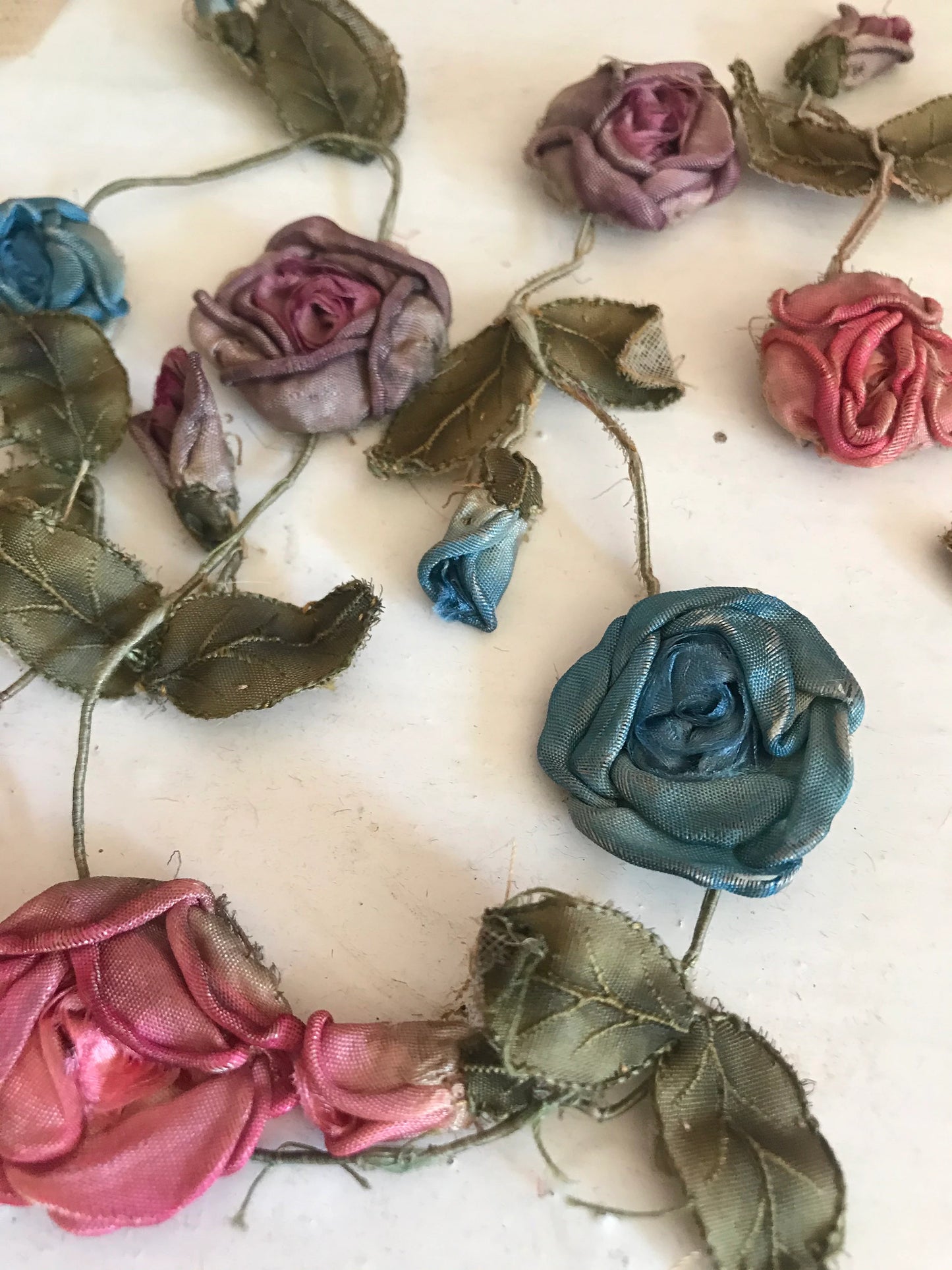 Antique Ribbonwork Garland Pink Blue Purple Silk Rosettes