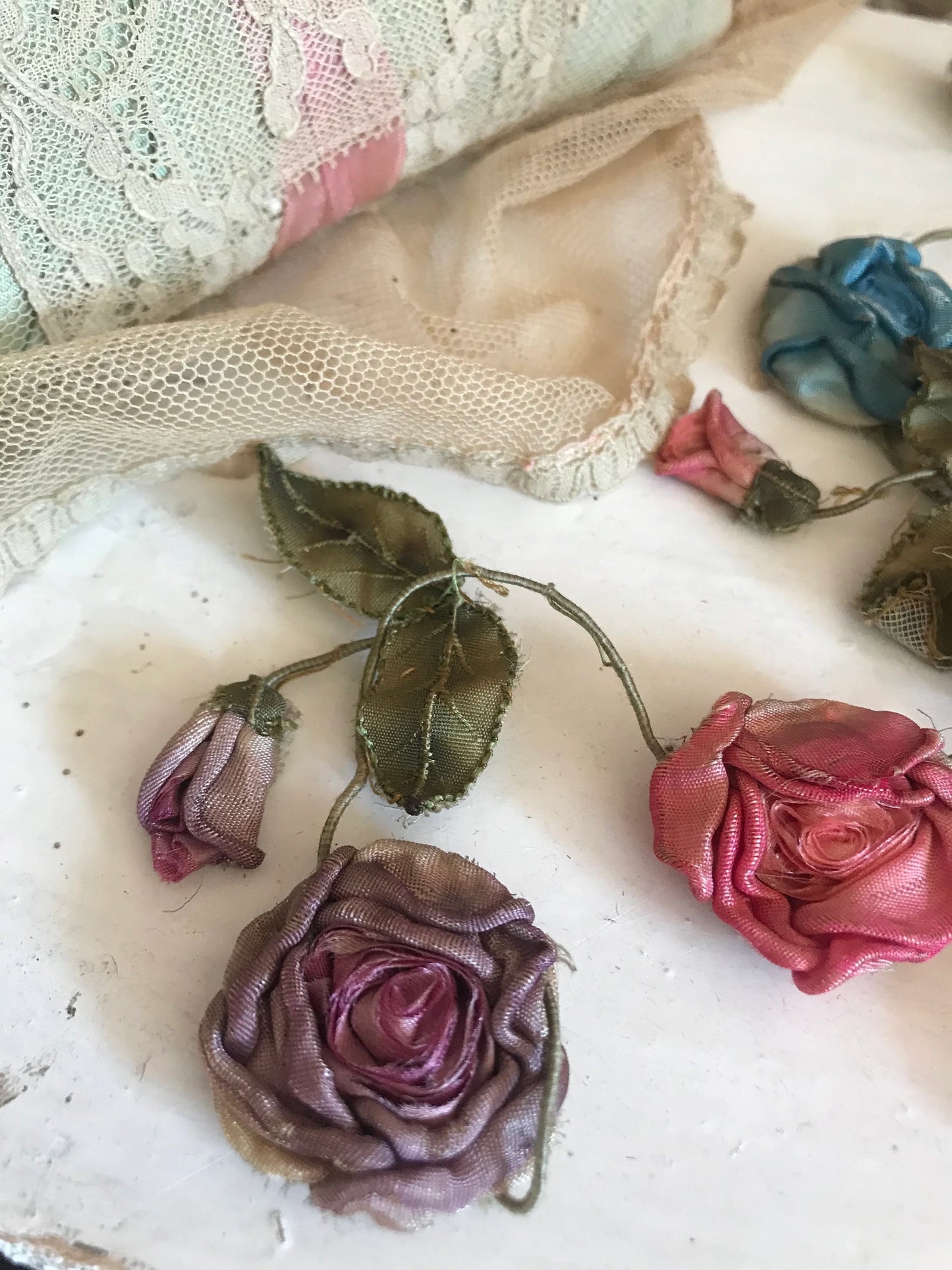 Antique Ribbonwork Garland Pink Blue Purple Silk Rosettes